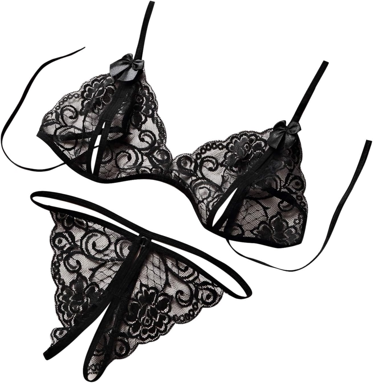 Lingerie Ropa Women Lace Bra and Panty Lingerie Set 2 Piece Outfits Mini Babydoll Underwear Set Black, One Size