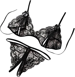 "N/A" Lingerie Ropa Women Lace Bra and Panty Lingerie Set 2 Piece Outfits Mini Babydoll Underwear Set Black