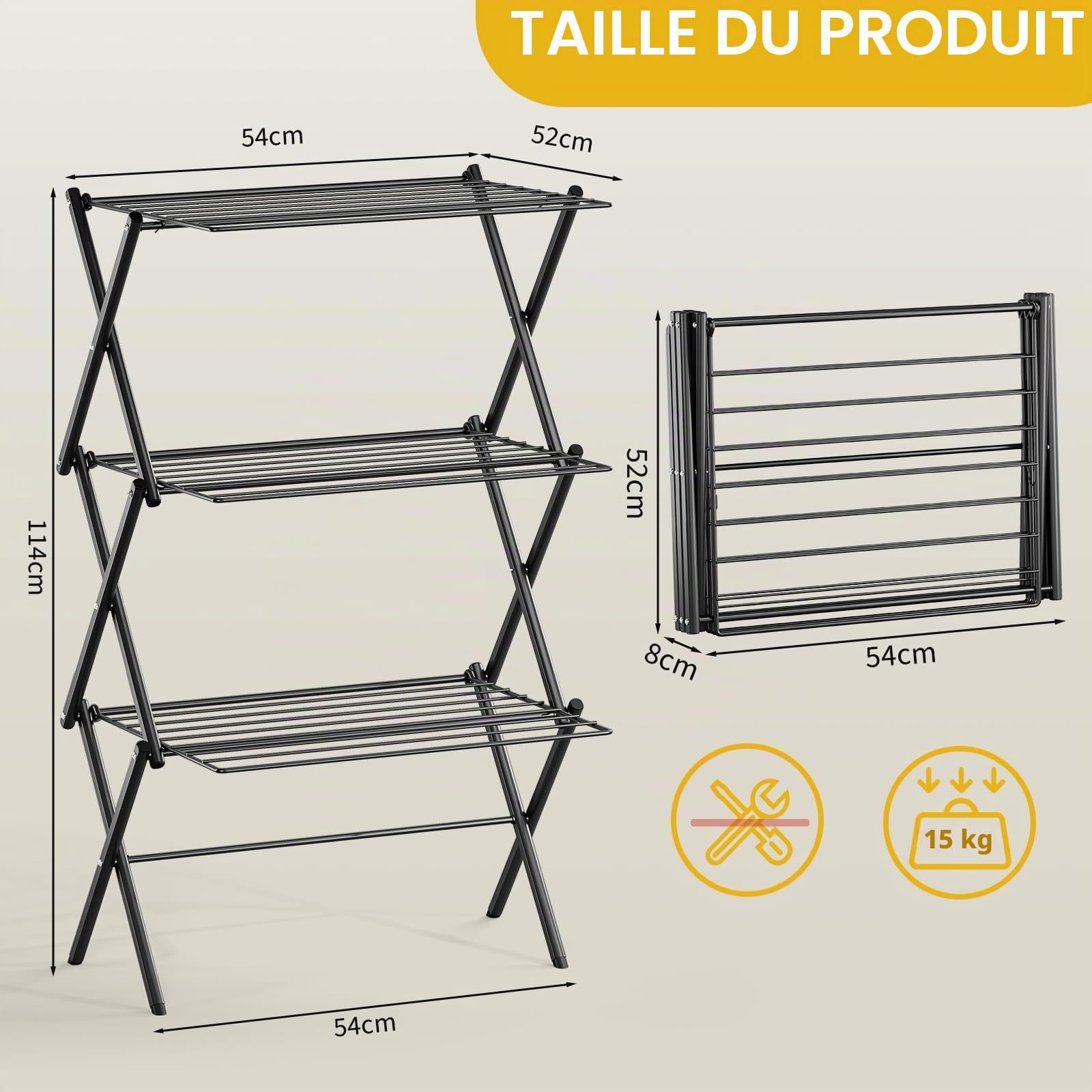KINGBOARD Support de séchage des vêtements, étendoir à linge pliable, séchoir à vêtements à 3 niveaux, séchoir à pull pliable, pour intérieur et extérieur, Noir