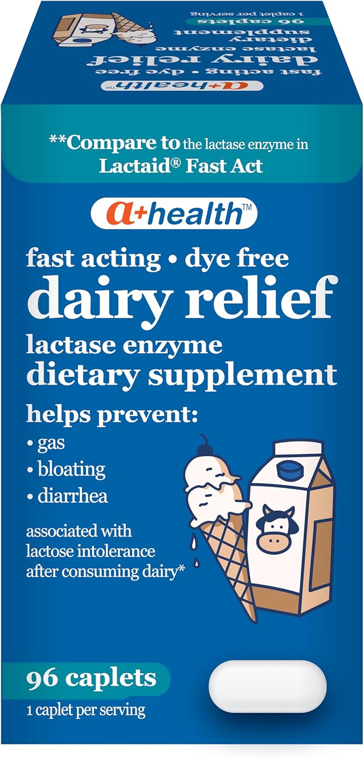 A+Health Dairy Relief Lactase Enzyme 9000 FCC, Fast Acting 96 Count Caplets