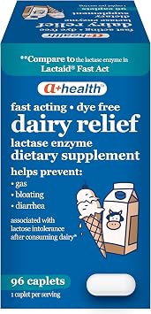 A+Health Dairy Relief Lactase Enzyme 96 Count, 9000 FCC Caplets, Fast Acting, Dye-Free, Dietary Supplement, Helps Prevent Gas, Bloating, Diarrhea Associated with Lactose Intolerance