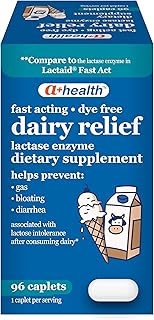 A+Health Dairy Relief Lactase Enzyme 96 Count, 9000 FCC Caplets, Fast Acting, Dye-Free, Dietary Supplement, Helps Prevent Gas, Bloating, Diarrhea Associated with Lactose Intolerance