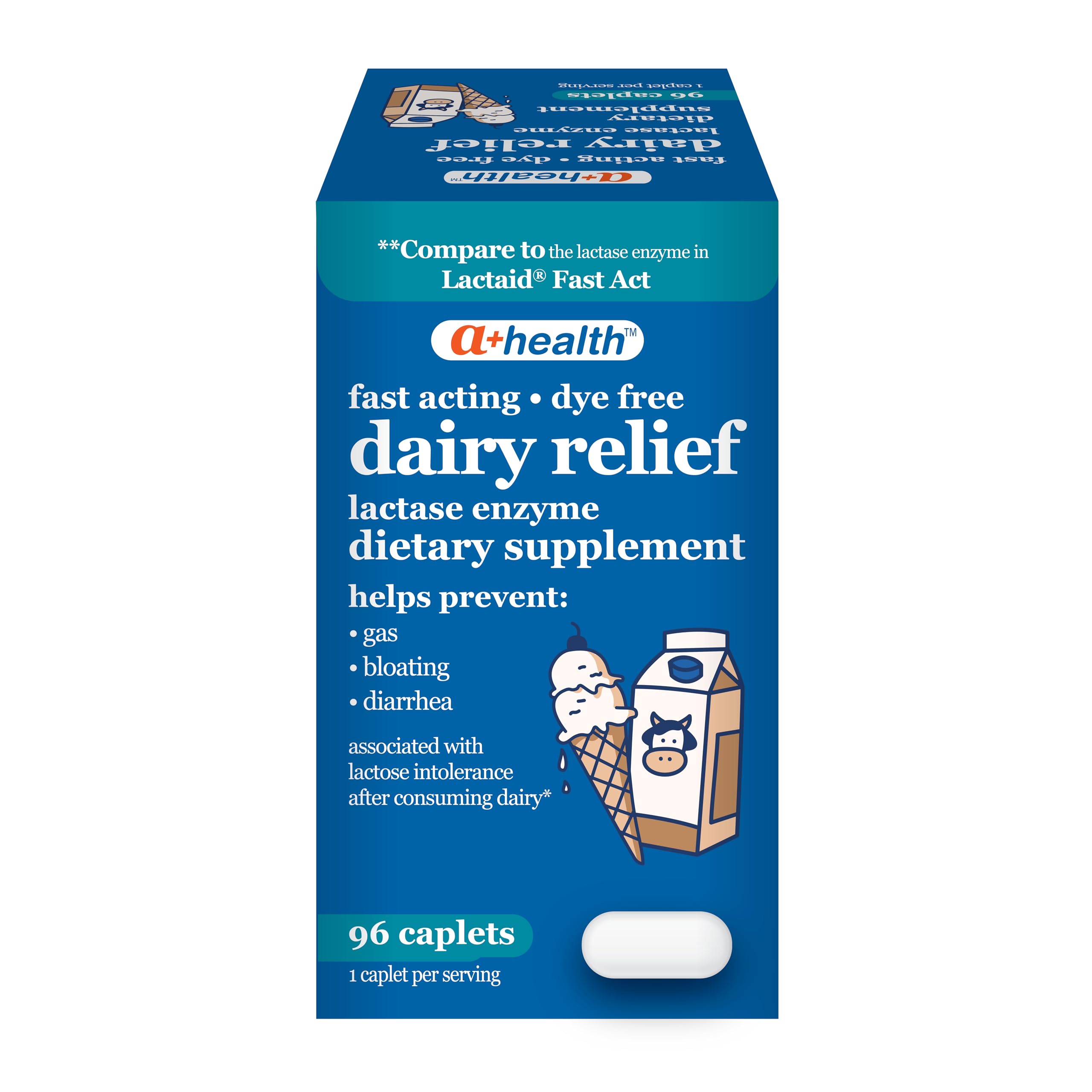 A+Health Dairy Relief Lactase Enzyme 9000 FCC, Fast Acting 96 Count Caplets