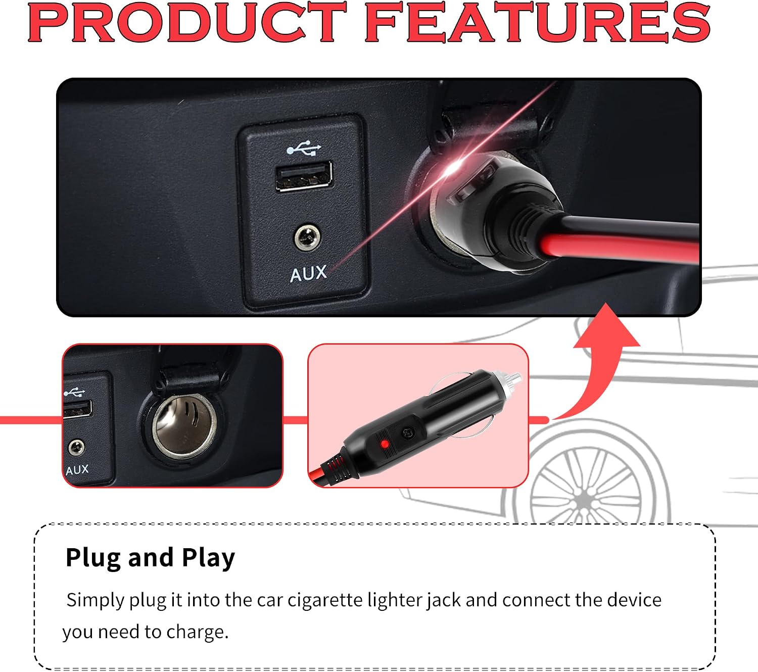 3Ft Cigarette Lighter Extension Cord,16 AWG 12V/24V Car Charger Extension for Car Refrigerators,Phones,Air Compressors,Water Resistant 12V Extension Cable Car Accessories (3Ft)