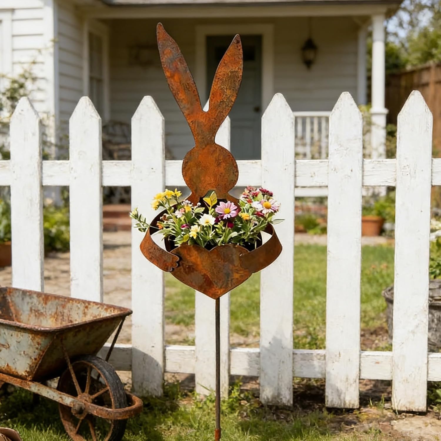 Easter Vintage Metal Rabbit Shaped Planter Garden Stake, Easter Outdoor Decor, 35in Rustic Patina Finish Bunny Decor, Metal Bunny Yard Stakes for Outdoor Plants, Courtyards (2PCS)