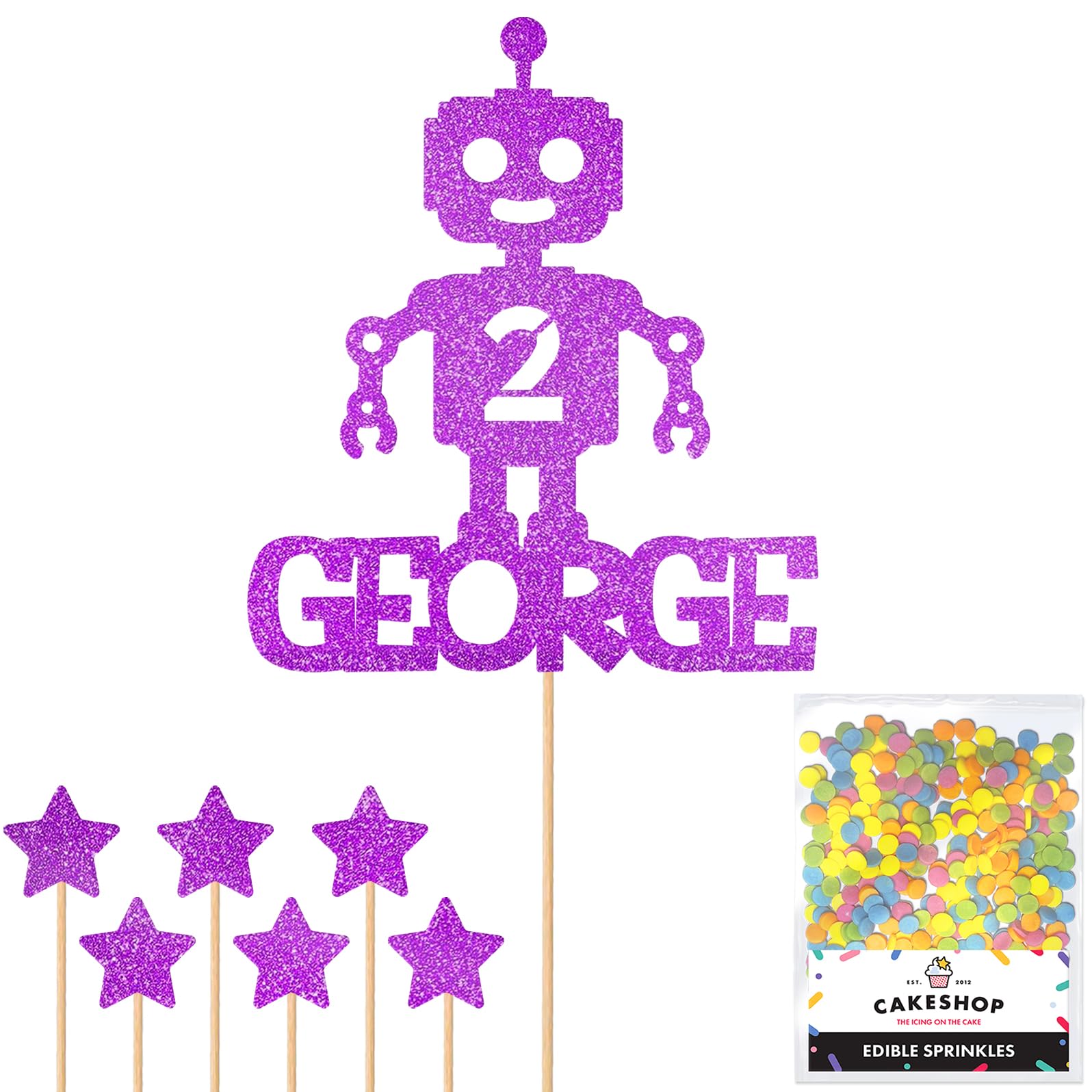 Personalised Birthday Space Robot Glitter Cake Topper- Purple Any Custom Age & Name Glitter Cake Decoration and Sprinkles - Happy Birthday Decorations - Personalised Toppers for Cakes by Cakeshop — image 1