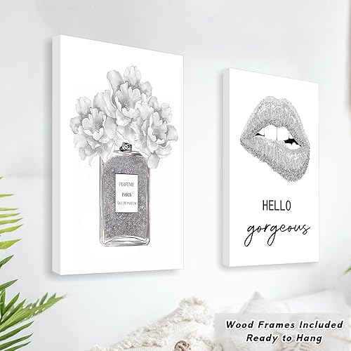 Miniatura 8 de Decoración de pared de moda gris glamorosa, arte de pared enmarcado para sala de maquillaje, arte de pared de sala de belleza plateada para oficina,