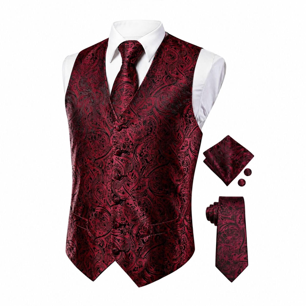 Męska kamizelka garniturowa Paisley żakardowa jednorzędowa slim fit z wiązaniem poszetką na wesela i formalne wydarzenia
