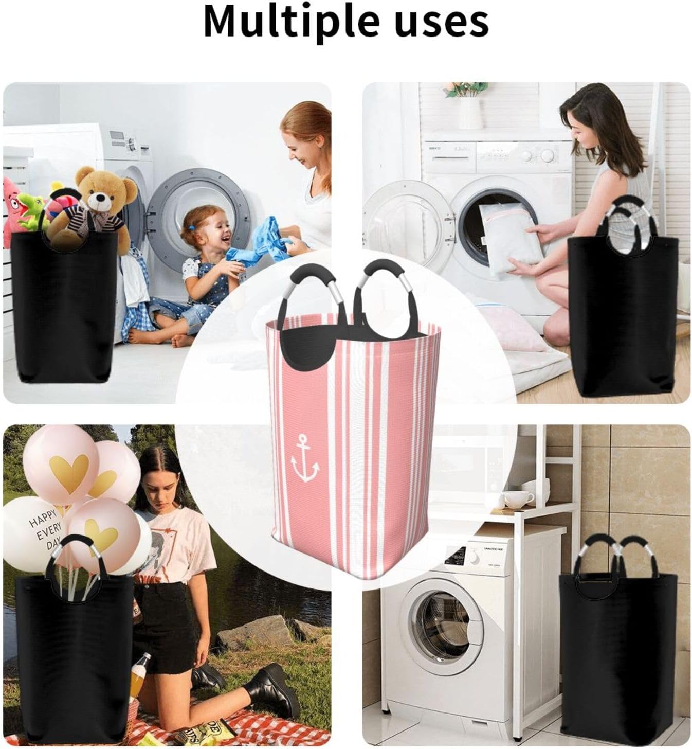 Large Laundry Basket, Striped Nautical Coral Laundry Hamper Bag Collapsible Washing Bin With Handles for College Dorm, Family Essentials Storage