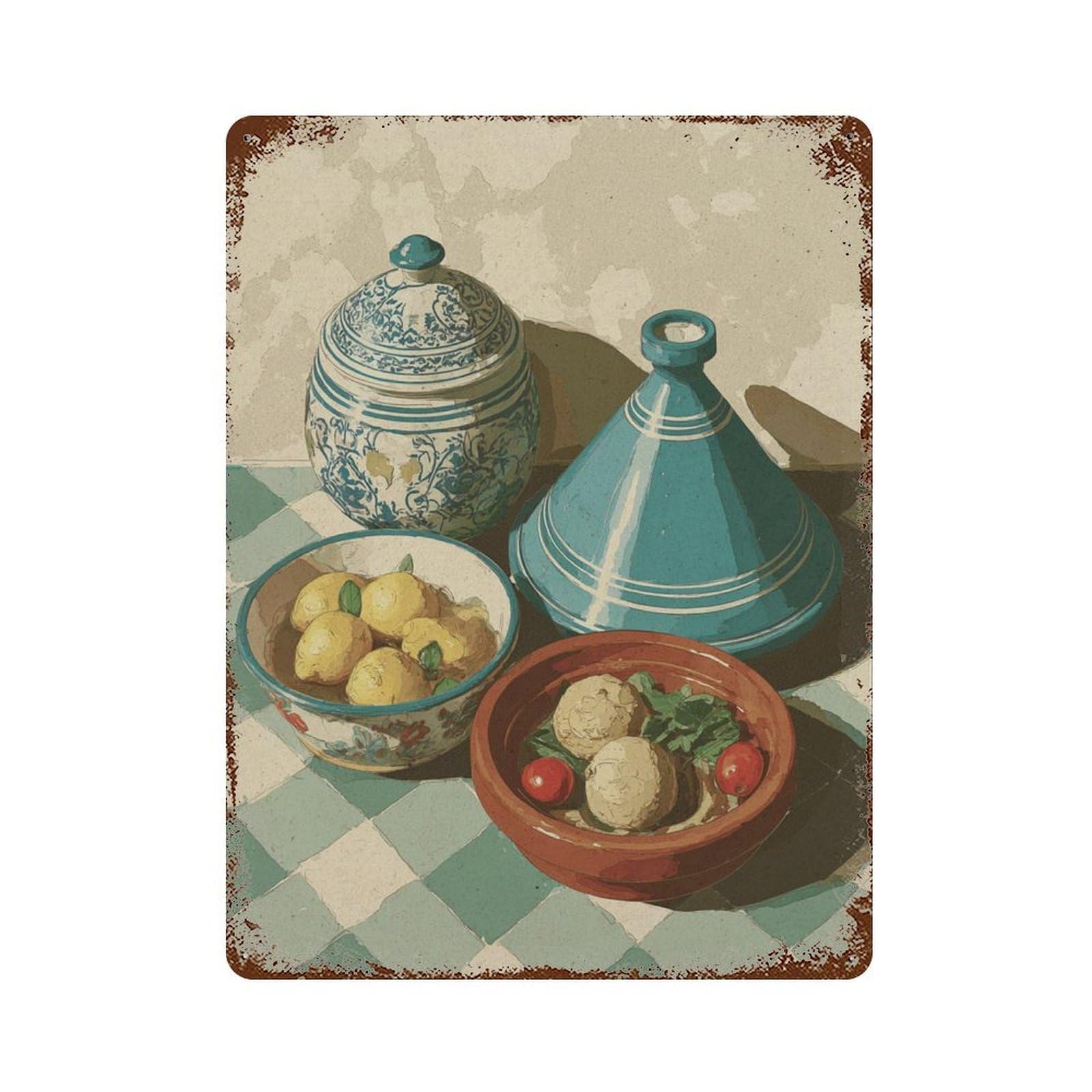 xiaoxiaoshen Moroccan Tagine Still Life Blue Kitchen Food Table Scene Minimal Wall Decor Art Metal Tin Poster Modern Home Decor Art Home Bar Shop Decorations Vintage Sign 40x30cm