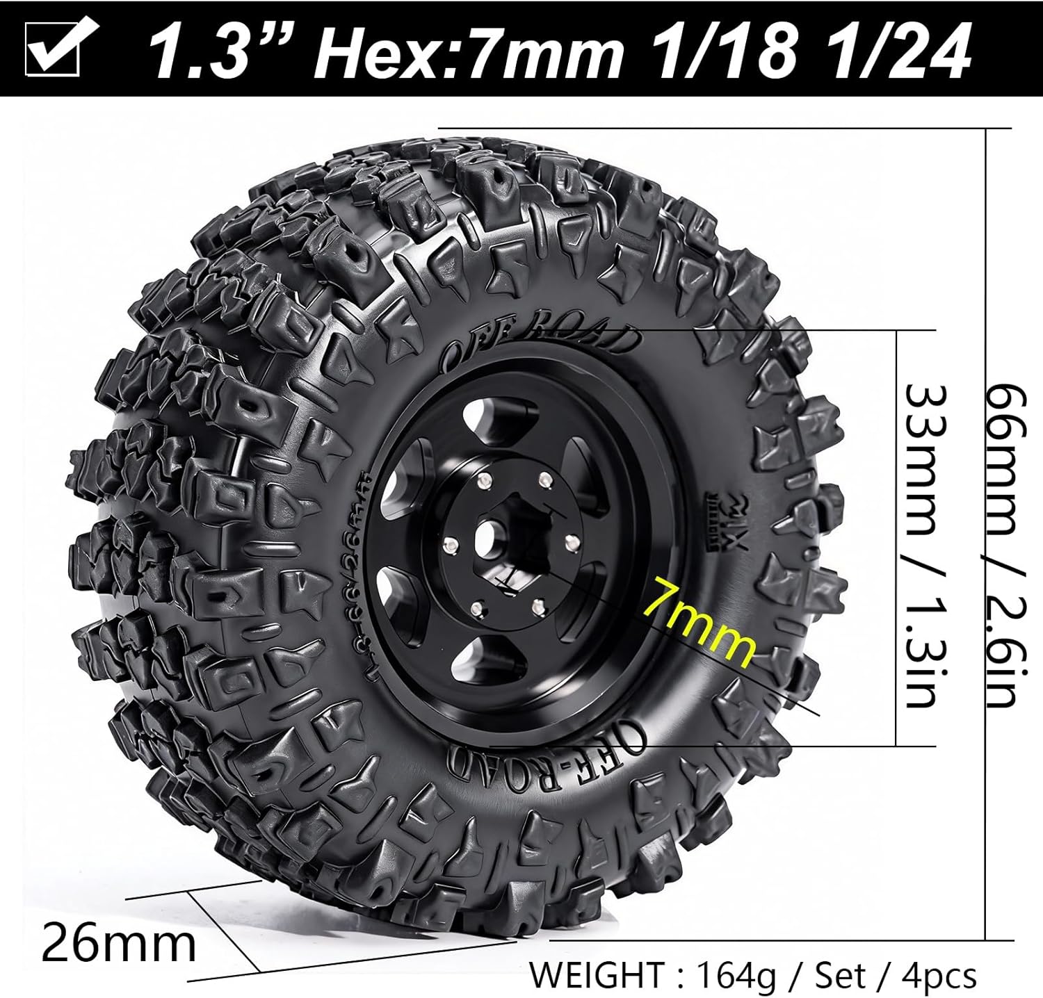 1.3” Aluminum Beadlock Wheels & Mud Terrain Tires Set for 1/18 1/24, -7.6mm Offset RC Crawler Car Fits TRX4M, Axial SCX24 AX24, Redcat Ascent-18, FCX24, 66 x 26mm, Pre-Assembled, 4 pcs Black