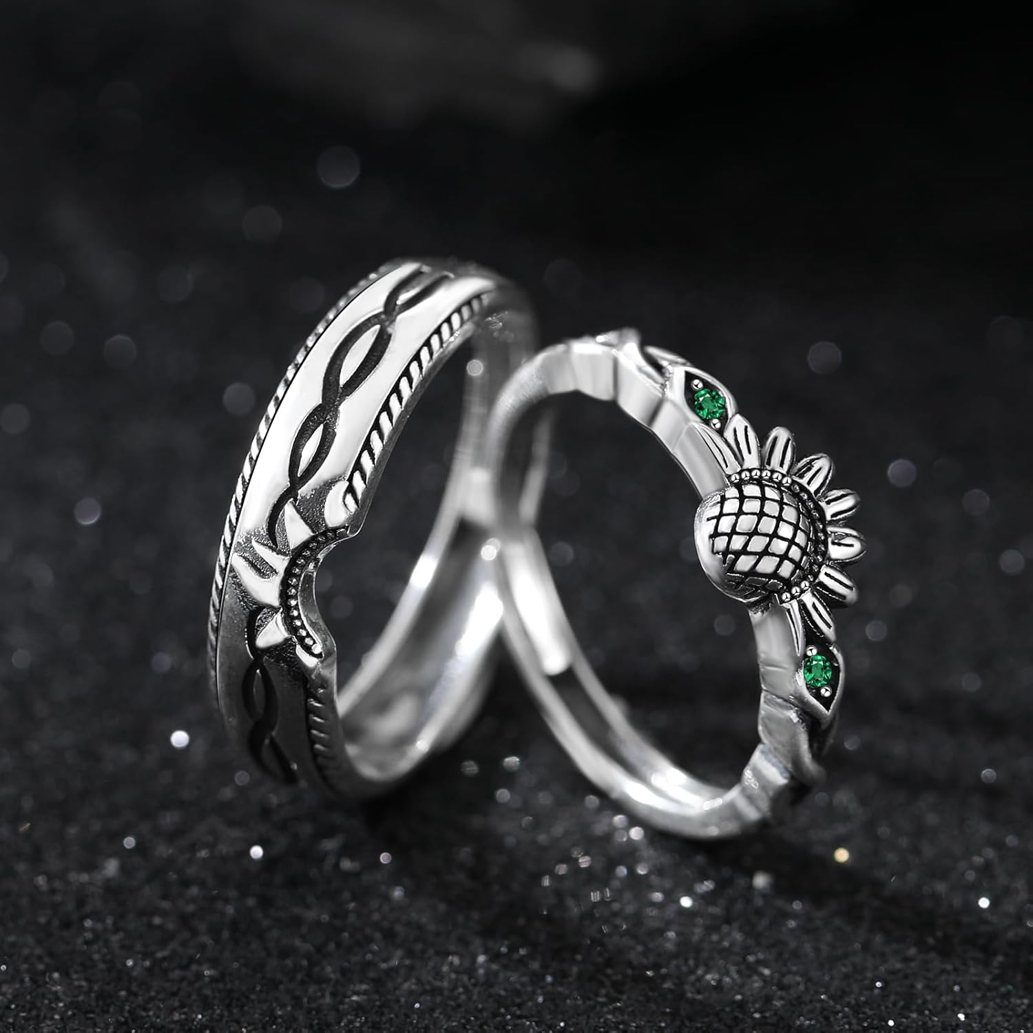 Promise Ring for Couples Wedding Engagement Band Emerald Sunflower Matching Rings Him and Her Sterling Silver Adjustable Couple Jewelry
