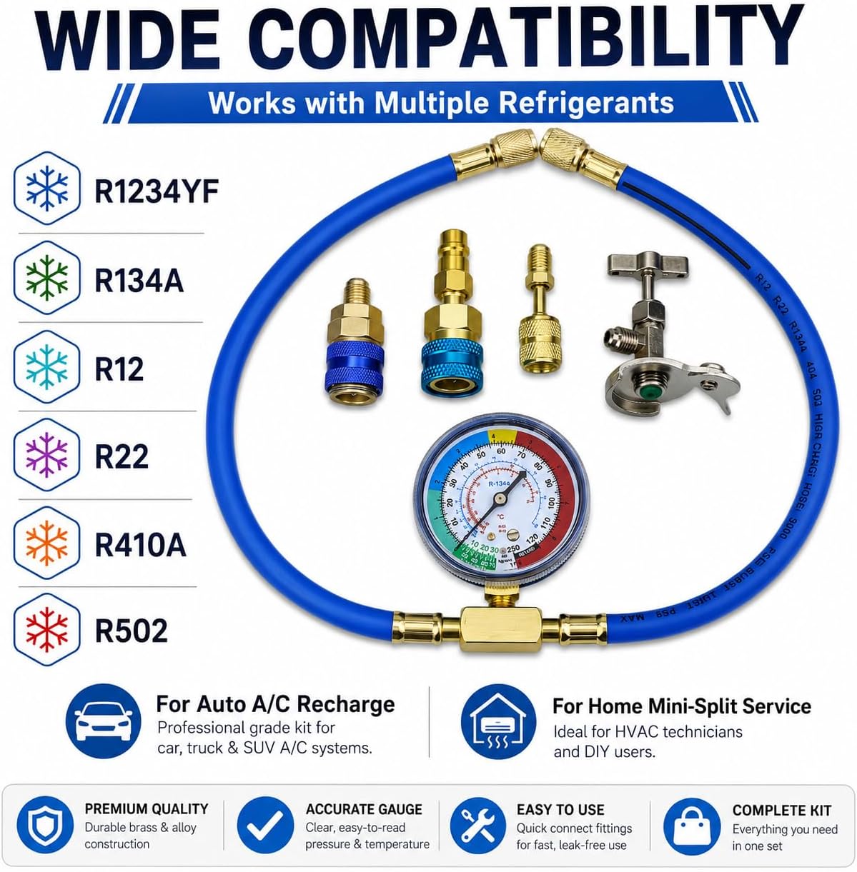 R1234YF Refrigerant Recharge Kit with Gauge – 1234YF Refrigerant & R134A AC Recharge Kits, with R-1234YF r134a Recharge Kit Self-Piercing Can Tap, Low-Side Quick Coupler, R410A Adapter for Auto AC
