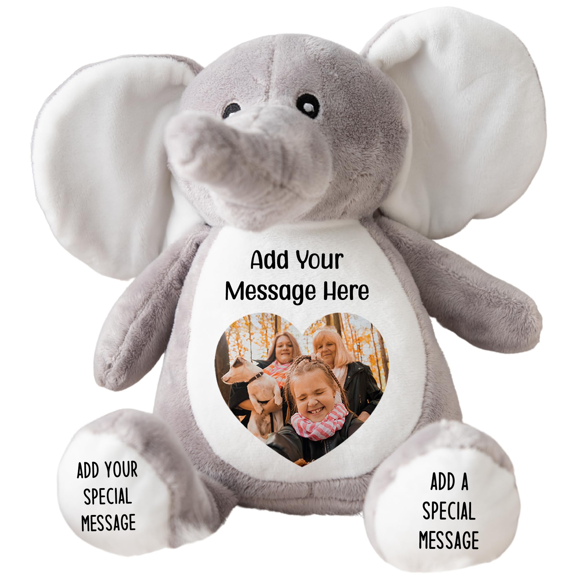 Personalised Photo Teddy Bear – Add Photo on Front & Text on Feet | 28 Styles | Custom Keepsake Gift for Baby, Sympathy, Birthday & More (Grey Elephant Teddy Bear)