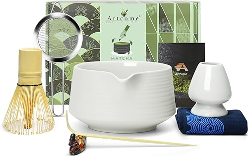 Artcome Juego de herramientas Matcha Kit completo con cuenco de matcha con boquilla, batidor de bambú, cuchara de té, soporte para batidores,