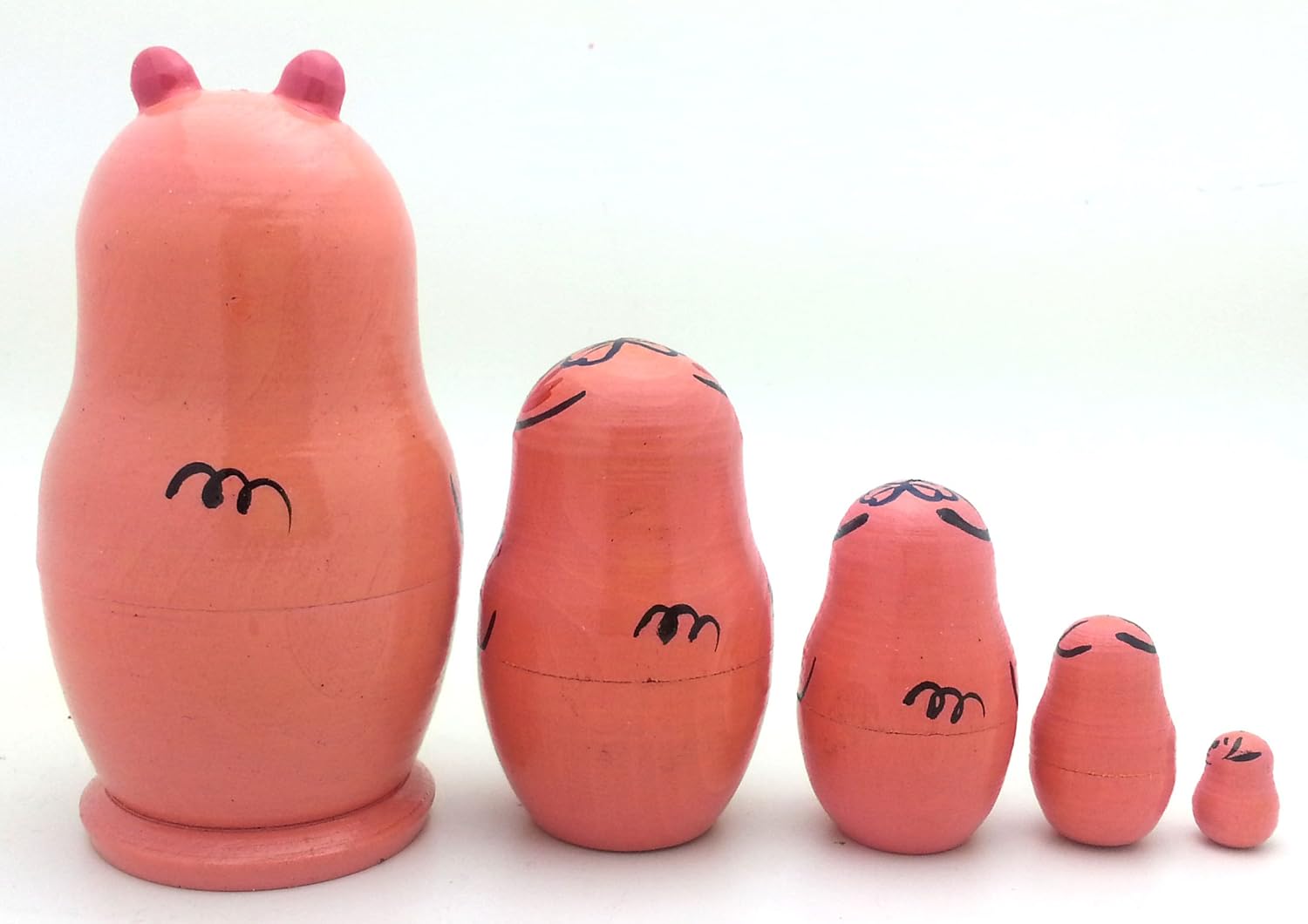 Pig Russian Hand Carved Hand Painted Nesting 5 Piece 4 inch Tall Stacking Doll Set