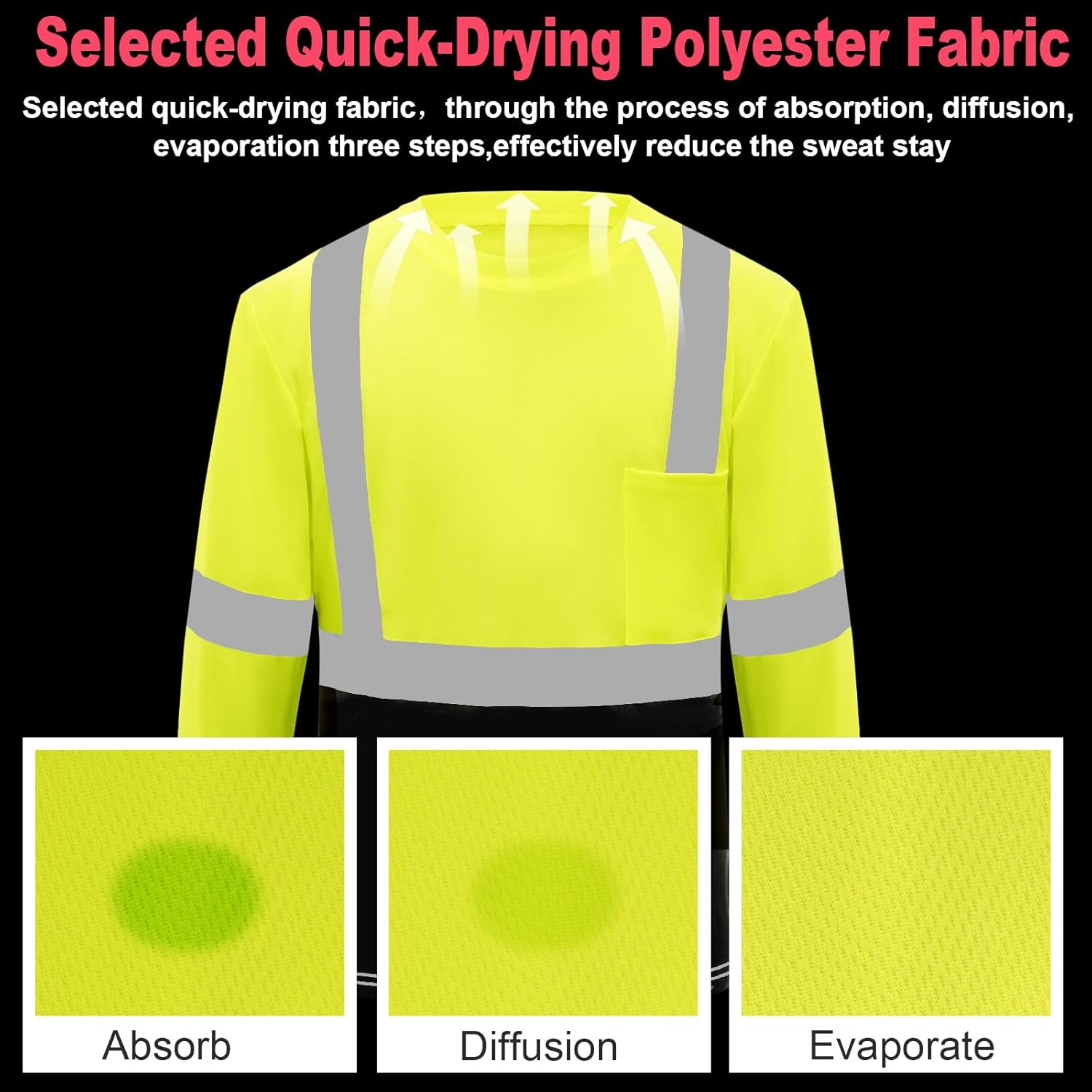 Hi Vis Safety T Shirt Class 3 Reflective Black Bottom Long Sleeve High Visibility Shirts 3pcs