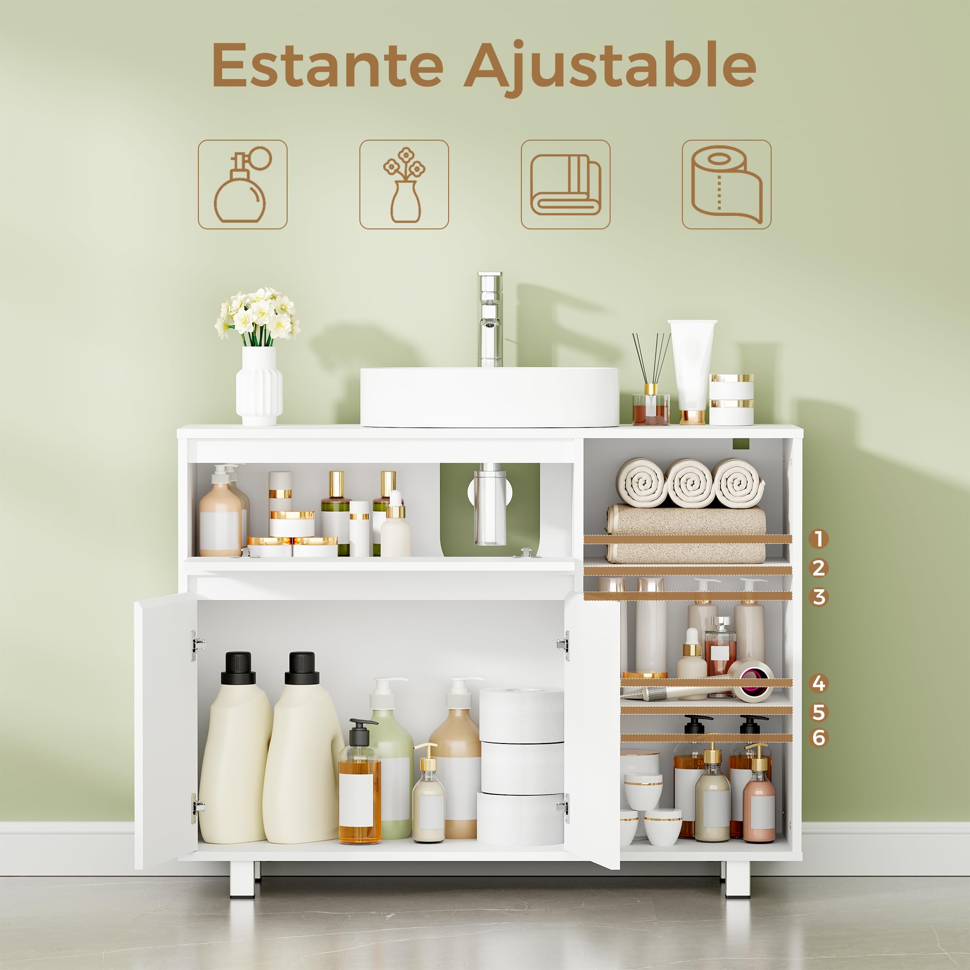 ANWBROAD Mueble Bajo Lavabo,Mueble Baño Auxiliar Armario Baño 64.5x30x90cm | Compartimento de Almacenamiento Oculto, 2 Puertas, 3 Estantes Abiertos Ajustables, Mueble bajo Lavabo con Patas Blanco