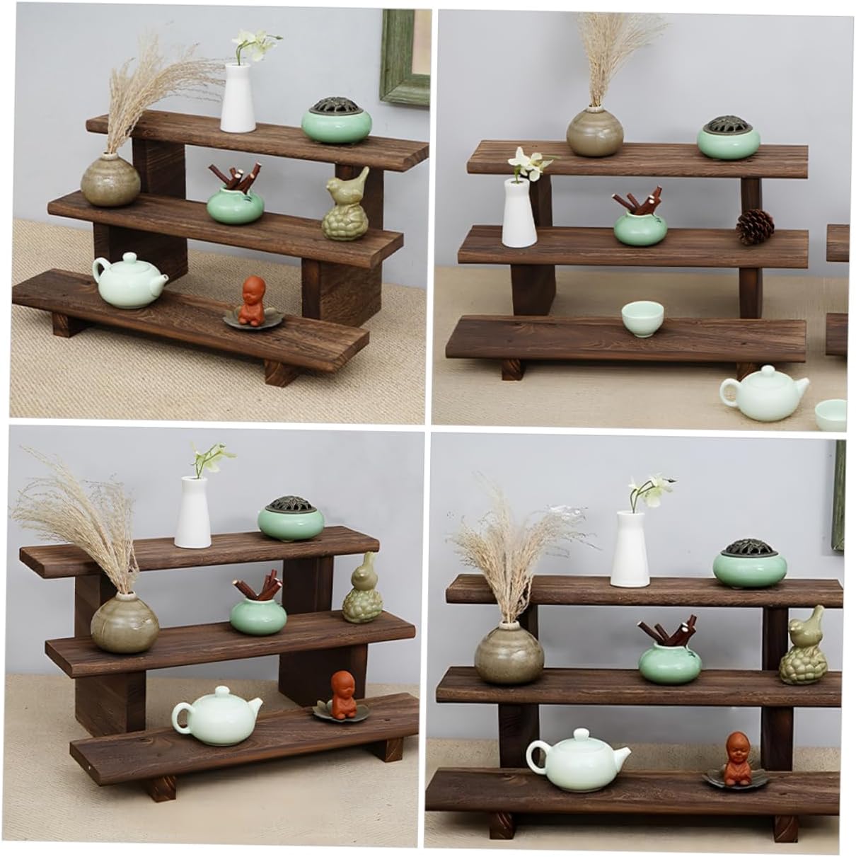 Wooden Display Stand for Succulent Plants Rustic Art Shelf Vintage Wooden Countertop Organizer for Figures and Collectibles Compact Design for Home and Office Decor