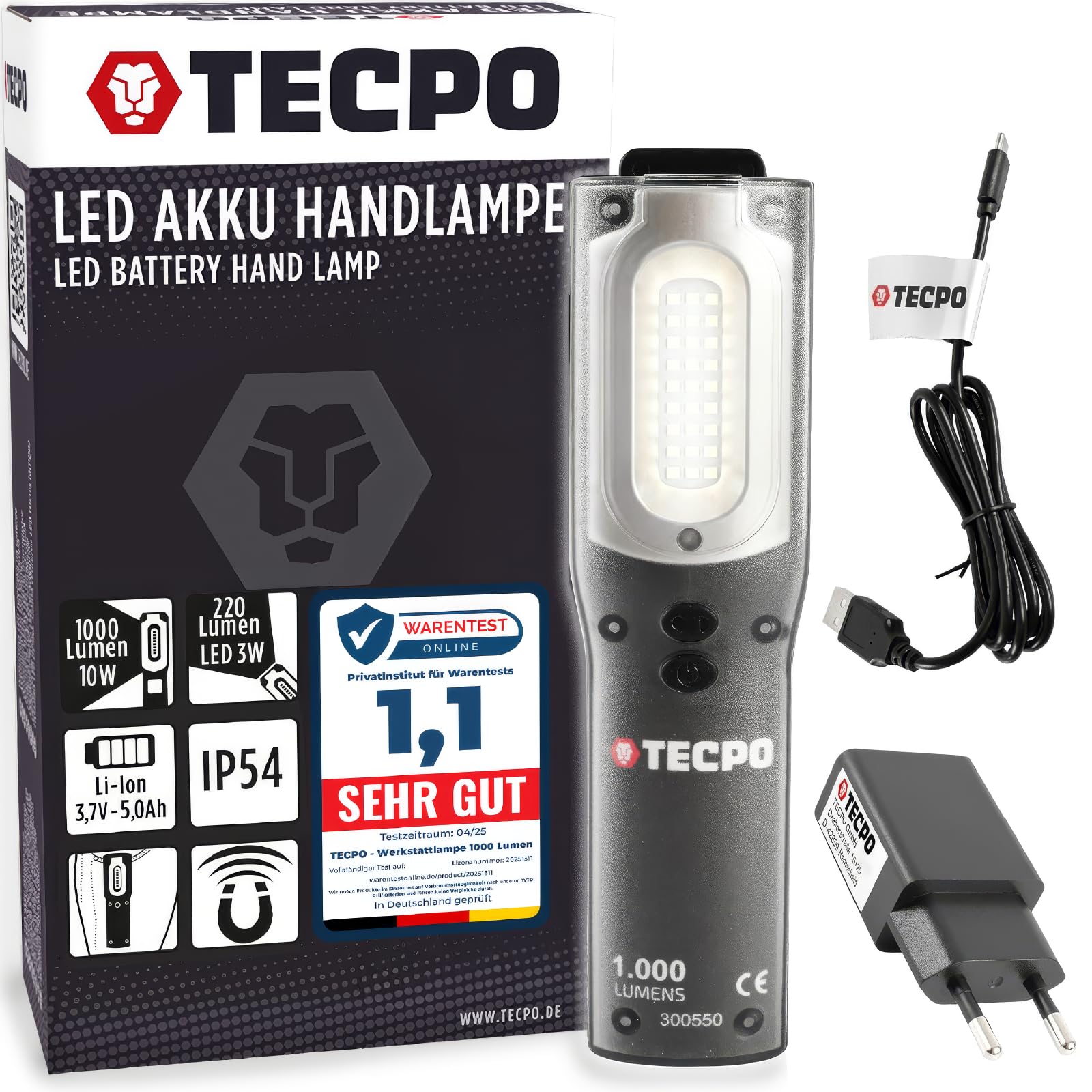 TECPO 300550 AKKU Werkstattlampe 1000 Lumen 27 SMD LED´s 10+3 Watt 6500 Kelvin IP 54 Arbeitslampe Stirnlampe Stablampe magnetisch Lithium-lonen 3.7V 6600 mAh