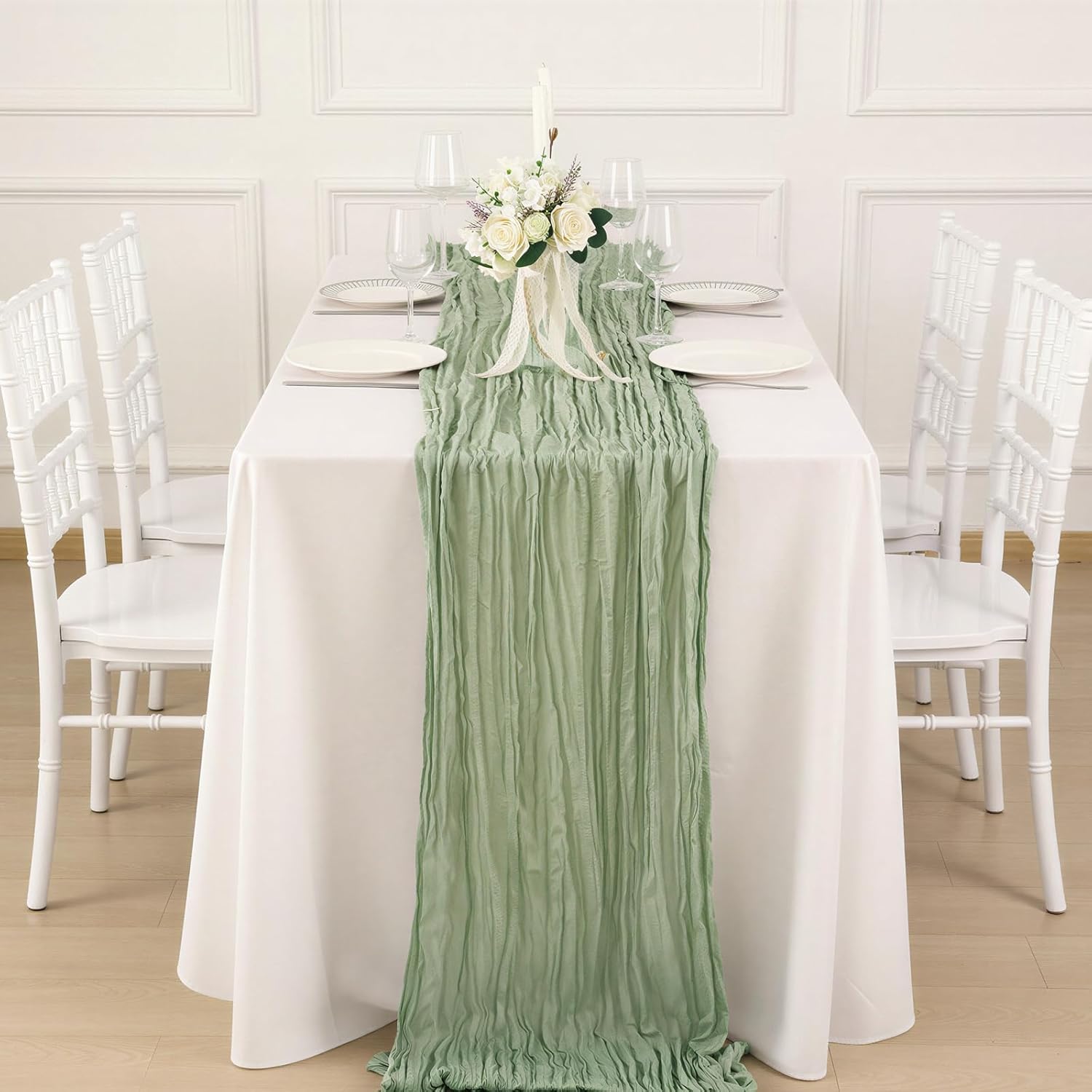 Fixwal 20 Pack Sage Green Cheesecloth Table Runners, 35x120 Inch Boho Gauze Table Runner, Semi-Transparent Table Decorations for Parties, Showers, Birthdays, Weddings