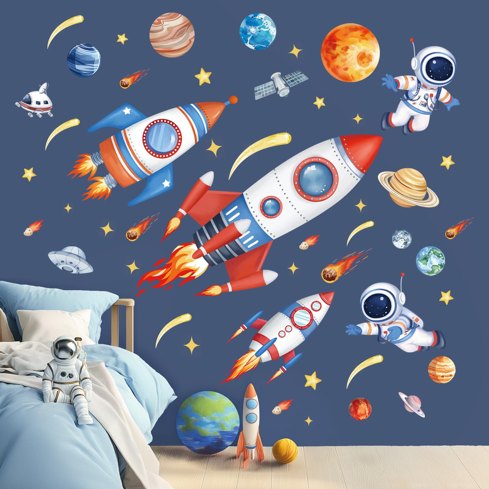 wondeverOuter Space Rockets Wall Stickers Planets Star Spacecraft Astronaut Peel and Stick Wall Art Decals for Baby Nursery Boys Bedroom Playroom