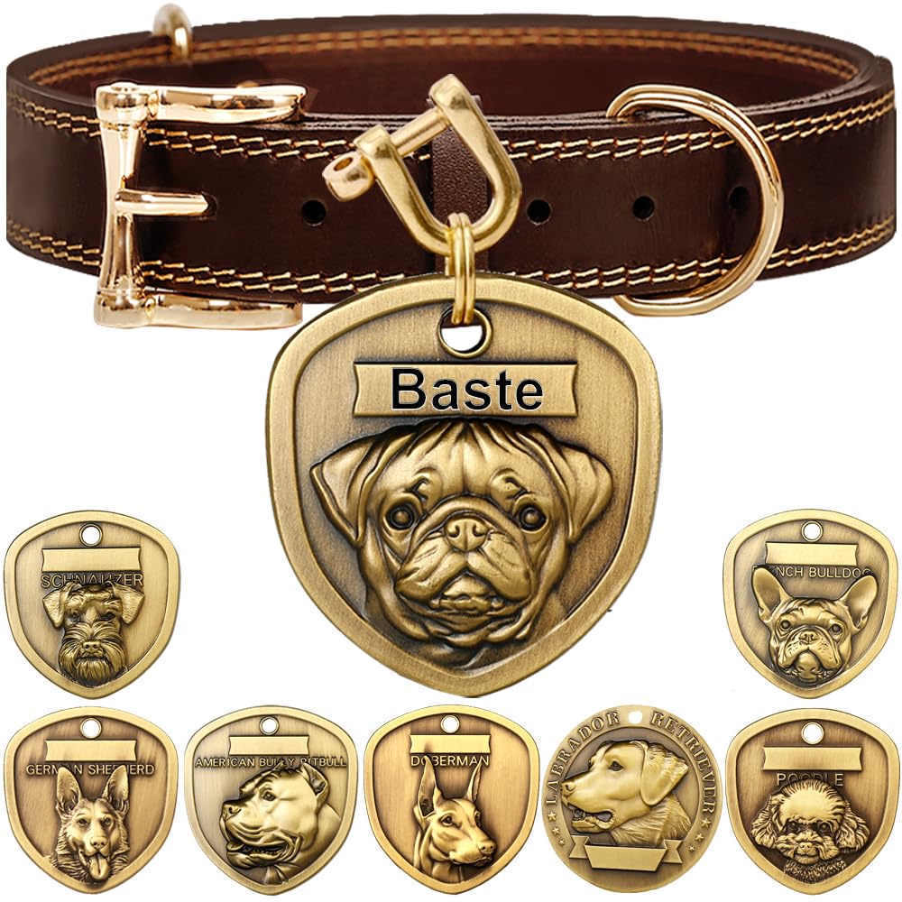 ZQDJ Genuine Leather Dog Collar+3D Embossed Pug Dog Tag Set（XS-S）