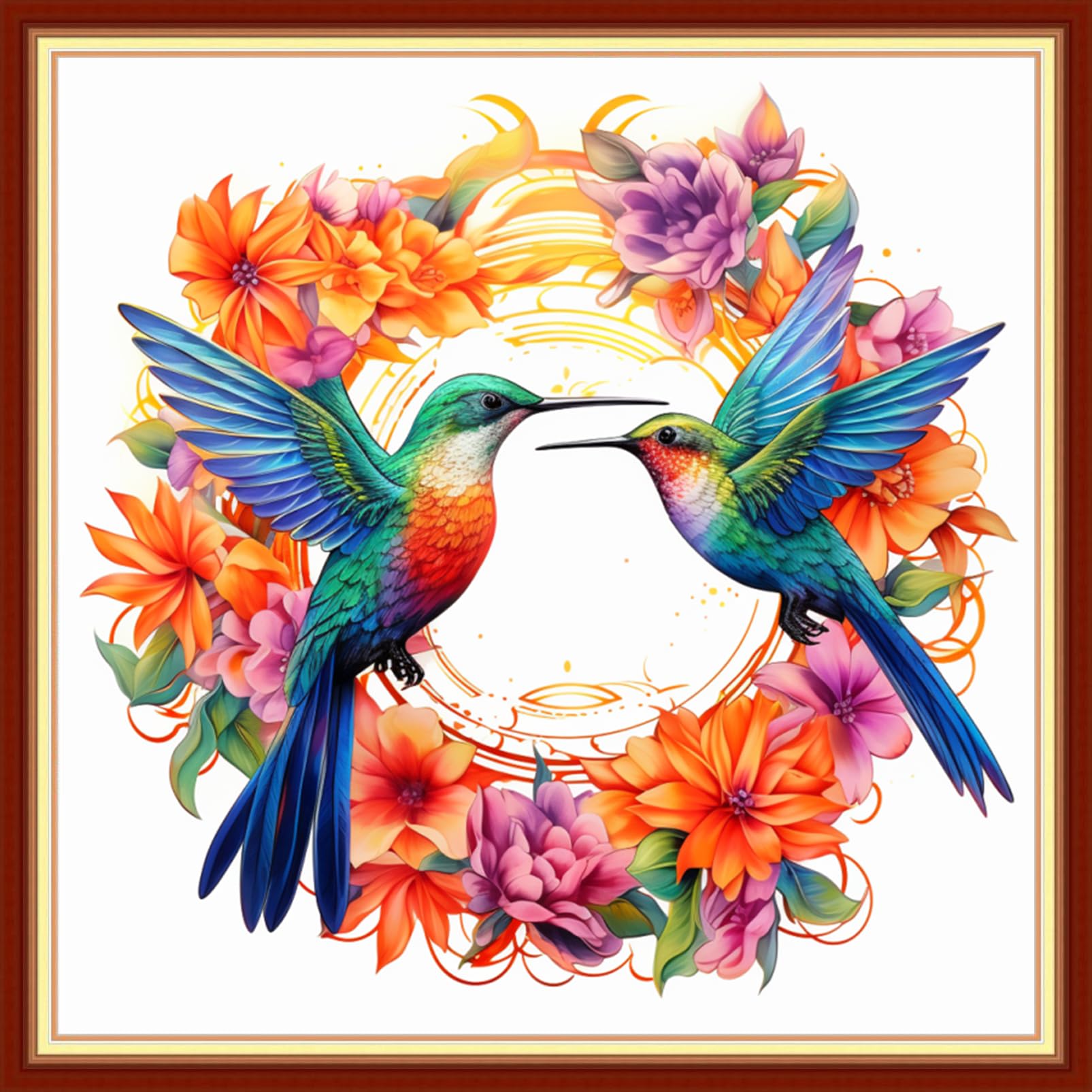 DMCVIVR Stamped Cross Stitch Kits for Beginners Adults Needlepoint Kits for Beginners Embroidery Kits for Adults Crossstitch Kit for Beginners 11CT-Flower Wreath Hummingbird 18x18 inchs