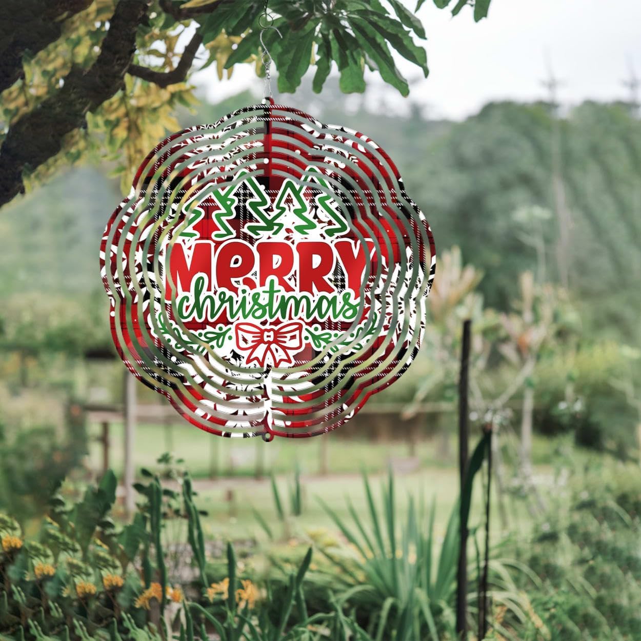 Snowflake Merry Christmas Wind Spinners 3D Stainless Steel Laser Cut Metal Double Sided Printing-Hanging Indoor/Outdoor Decorations Yard Gardening Decor,Metal Kinetic Art 16x16 inches