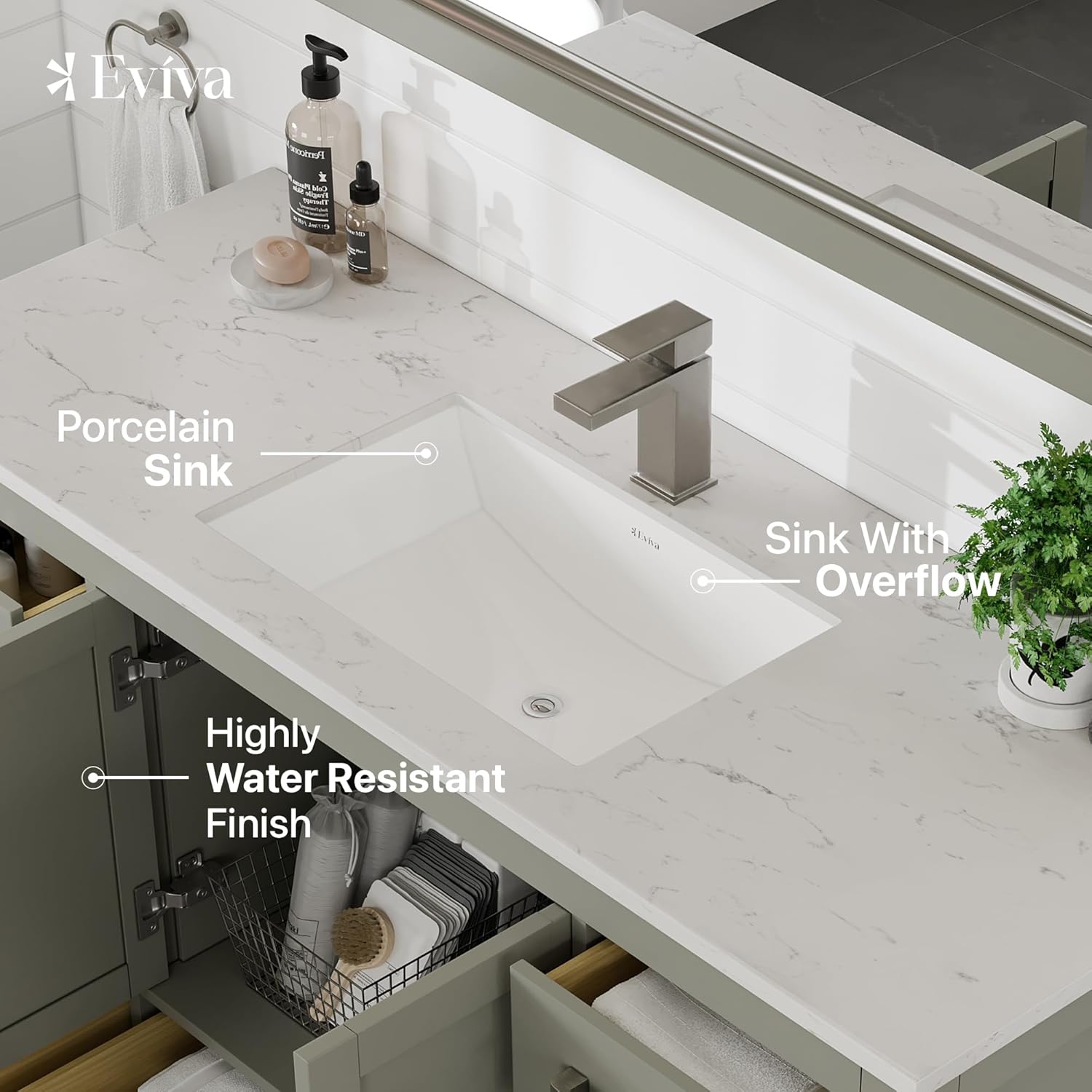 Eviva London 54 Inch Bathroom Vanity White Vanity Bathroom Sink Cabinet W/Quartz Countertop Porcelain Single Sink Design for Modern Bathrooms