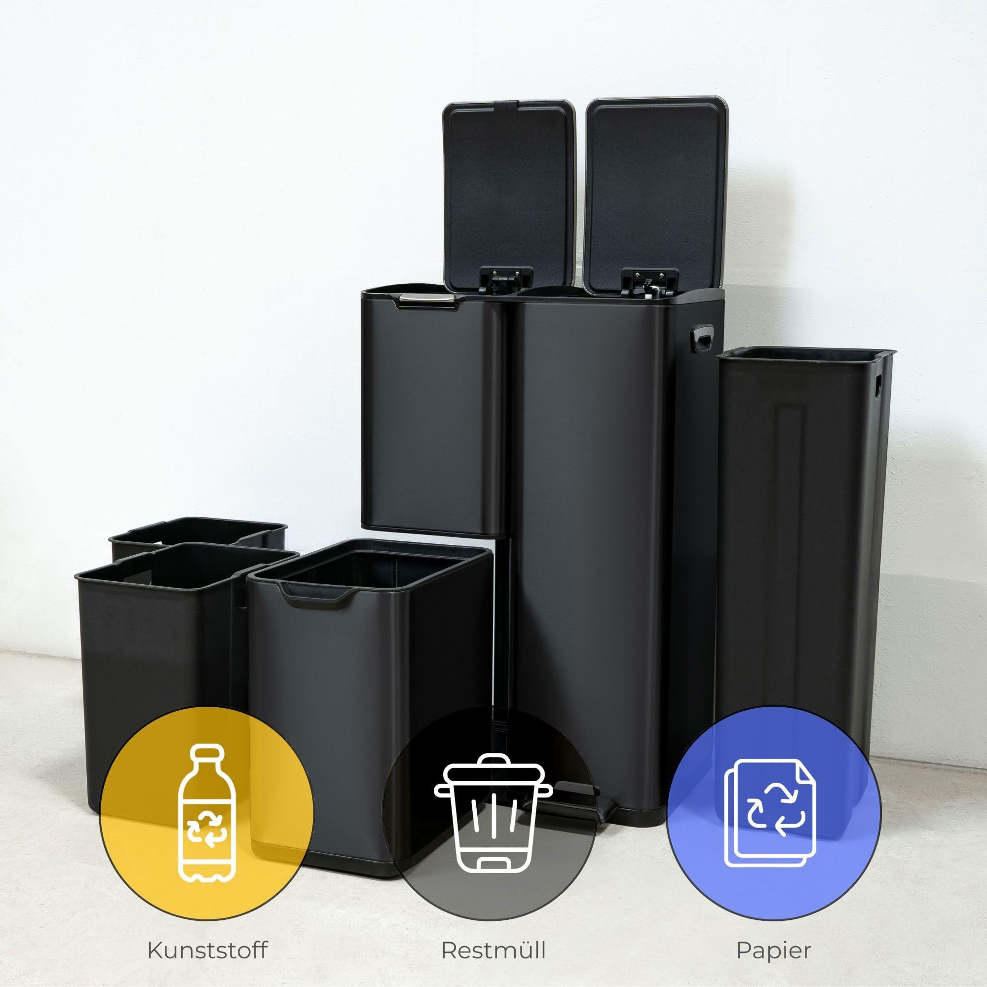 osoltus Mülleimer Abfallsammler Softclose Edelstahl hoch (60 L (30 + 17 + 13 L) schwarz)