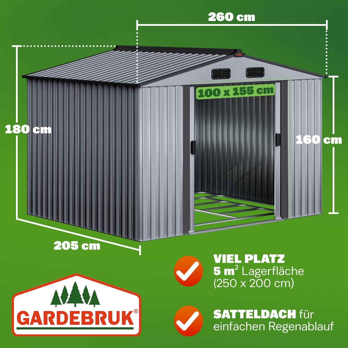 GARDEBRUK® Cobertizo de Jardín XXL Caseta Exterior 5m² con Base 260x205x180cm 9m³ Puerta Corrediza Gris Metálico