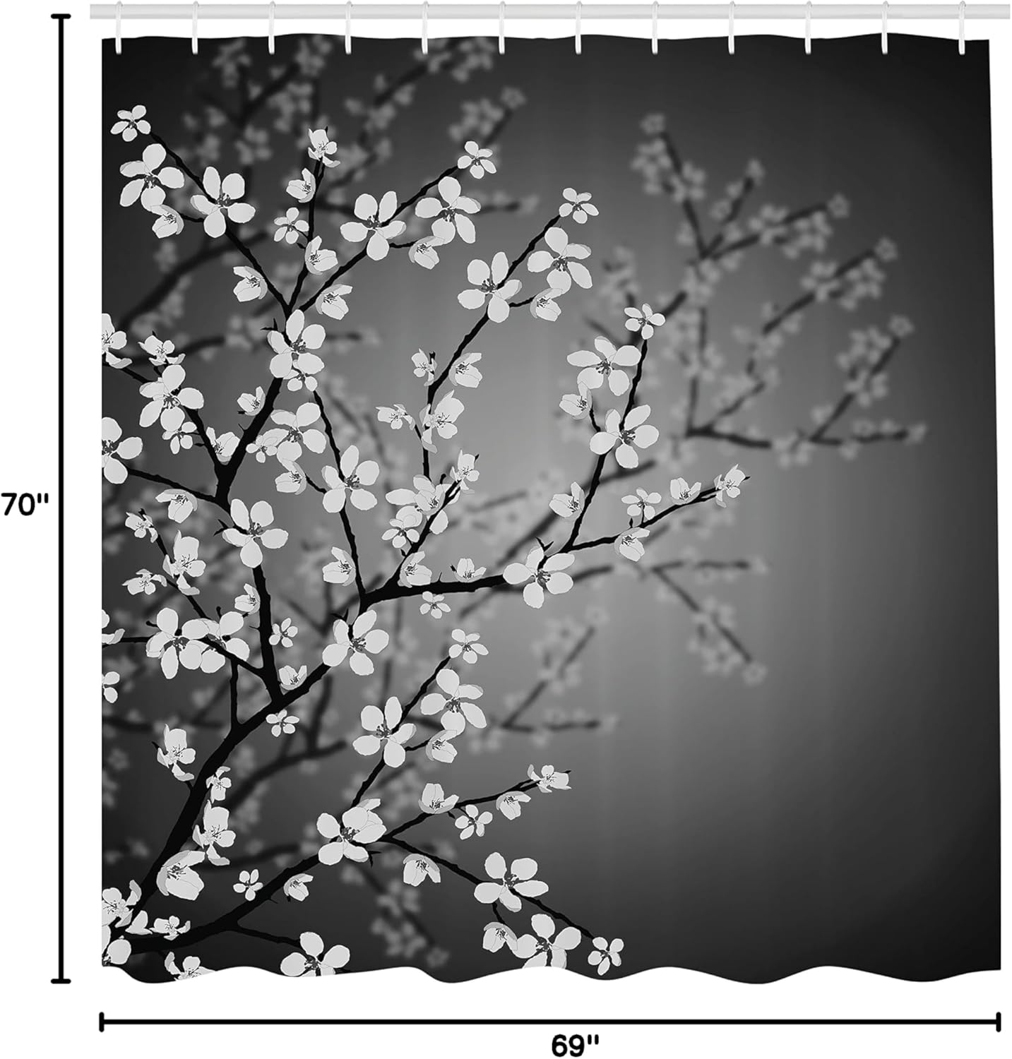 Ambesonne Japanese Shower Curtain, Spring Season Sakura Bloom Design Romantic Cherry Blossom on Blurry Branches, Cloth Fabric Bathroom Decor Set with Hooks, 69" W x 70" L, Dark Grey