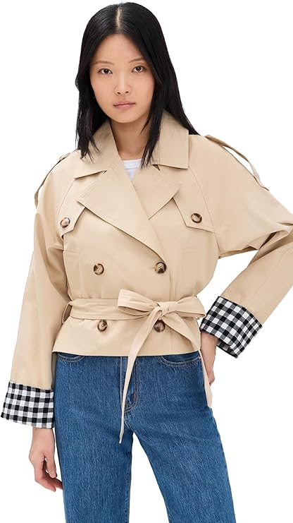 Line & Dot Women's Alba Crop Trench Jacket with Gingham Check Cuffs