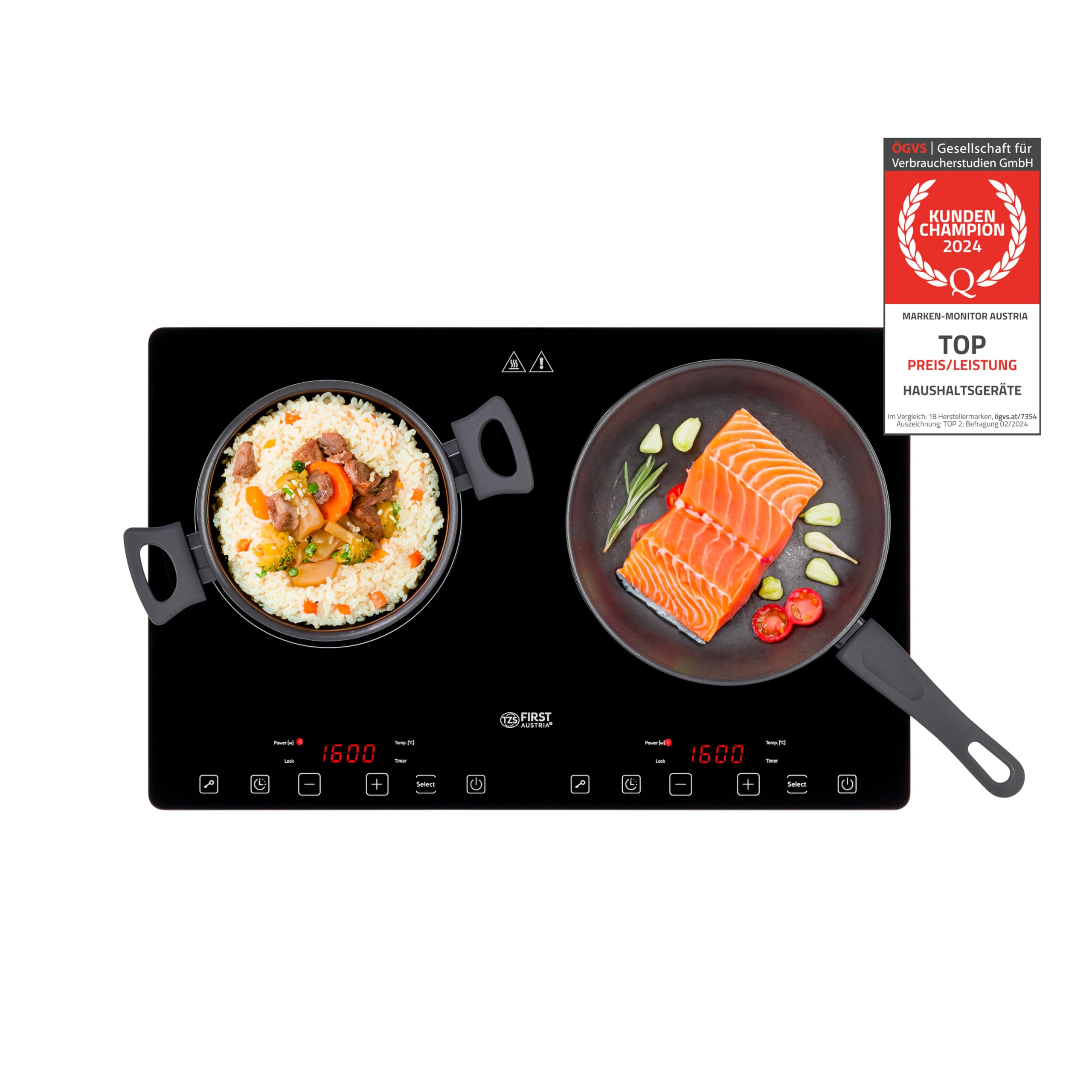 TZS First AustriaInduction Hob Double | 3400W | Slim Design | 10-Level Temperature Control | Timer | Child Lock | Sensor Touch Control | Mobile