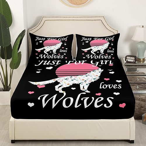 Miniatura 3 de Erosebridal Sábana bajera ajustable de lobo, tamaño individual, juego de ropa de cama Kawaii Love Heart para niños, niñas, niños y mujeres, diseño
