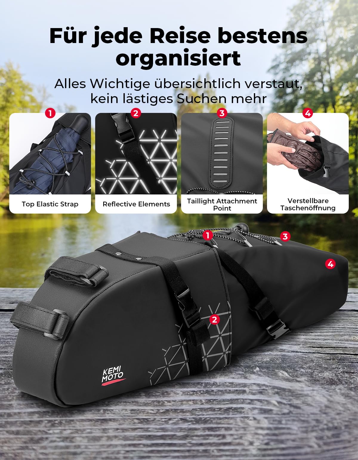 KEMIMOTO Satteltasche Fahrrad Wasserdicht 13L, Bikepacking Tasche mit herausnehmbarem Innensack, 2-in-1 Design & Formstabil für Gravel Bike, Rennrad, MTB & E-Bike – Schwarz