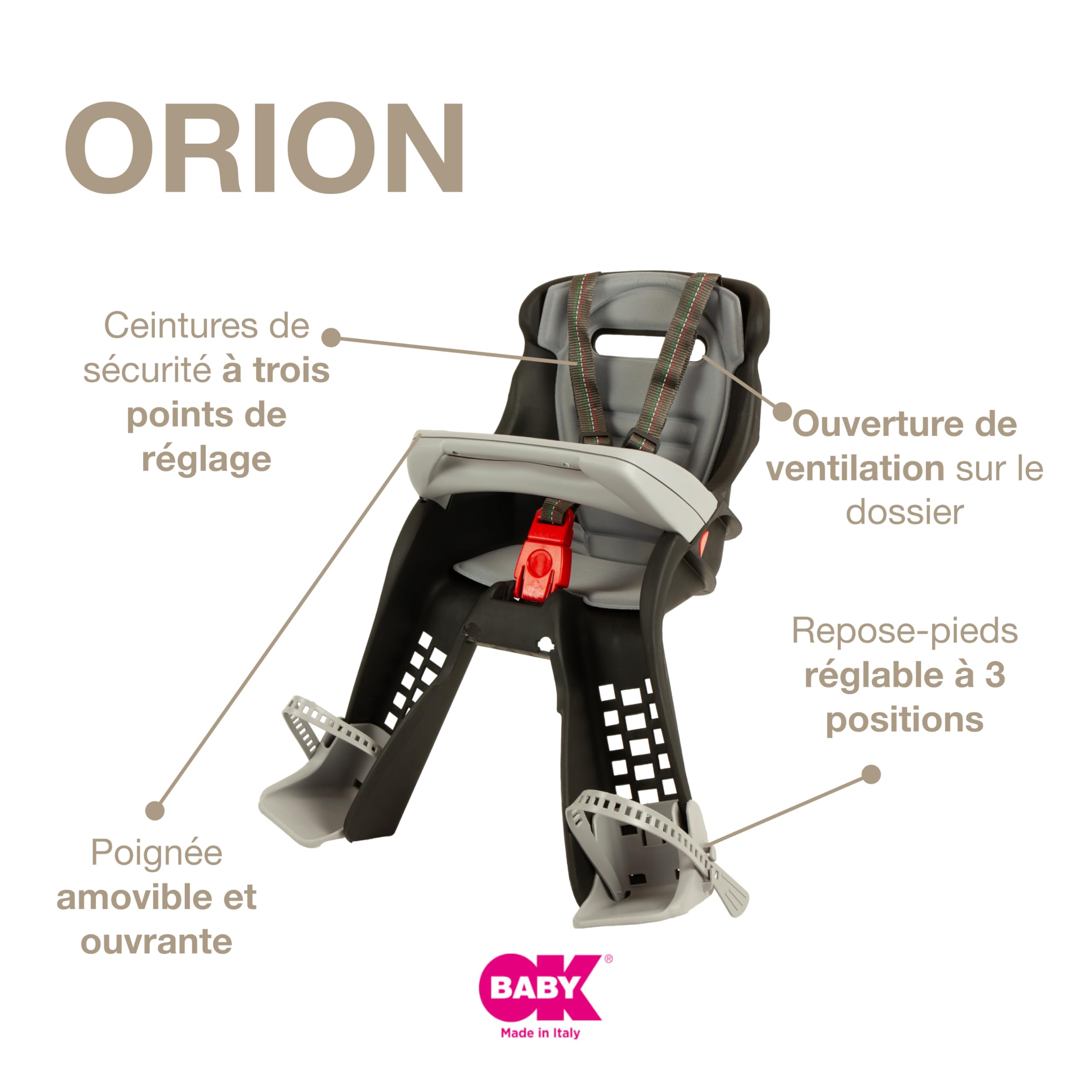 OKBABY Orion - Siège enfant avant, sécurité vélo à partir de 7/8 mois (capacité maximale 15 kg) - Noir/Gris