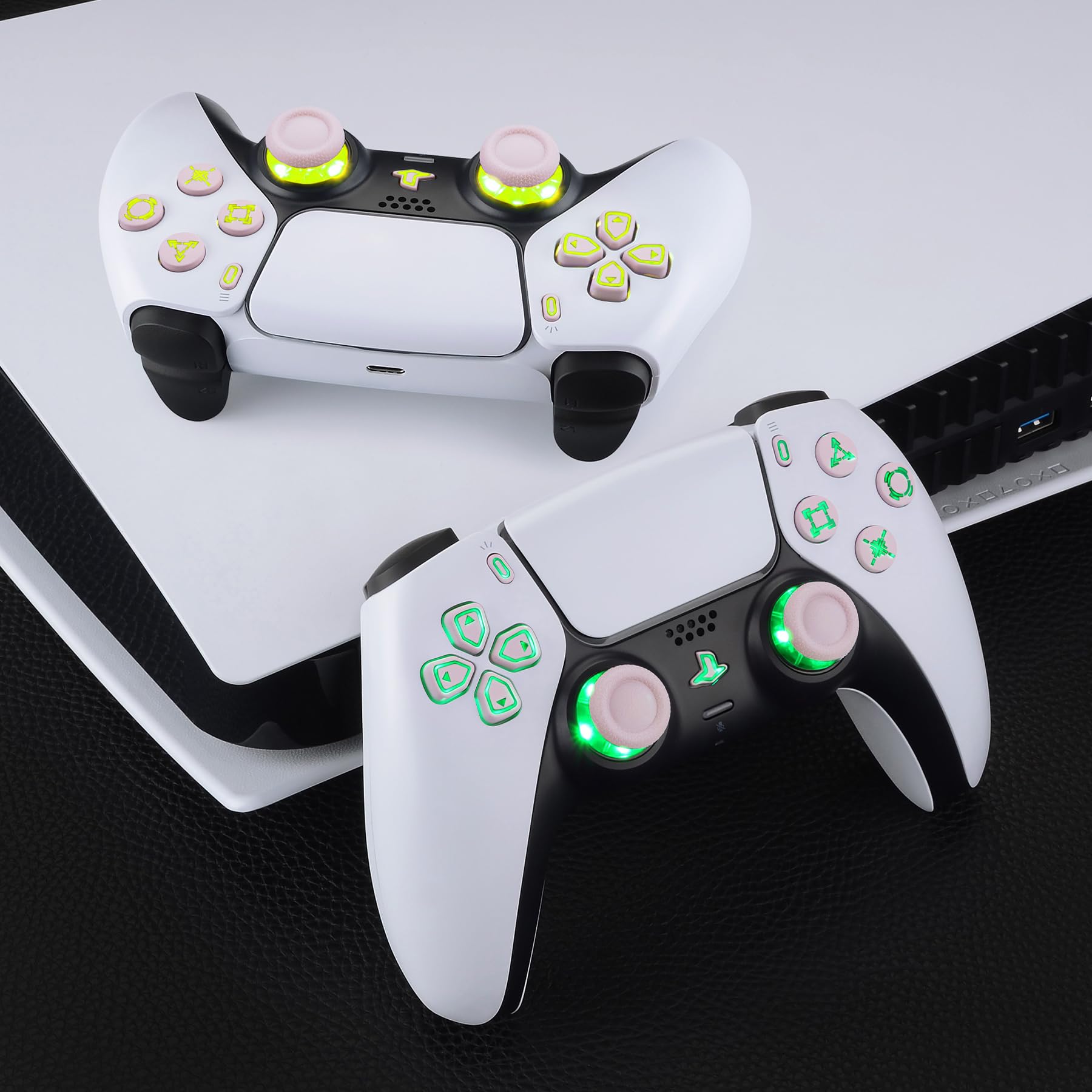 eXtremeRate Multicolore Tasti Luminosi per ps5 Controller BDM-030/040/050,D-pad Levette Analogiche Pulsanti DTF V3 LED Kit Ricambio per ps5 Joystick(Senza Controller)-Rosa