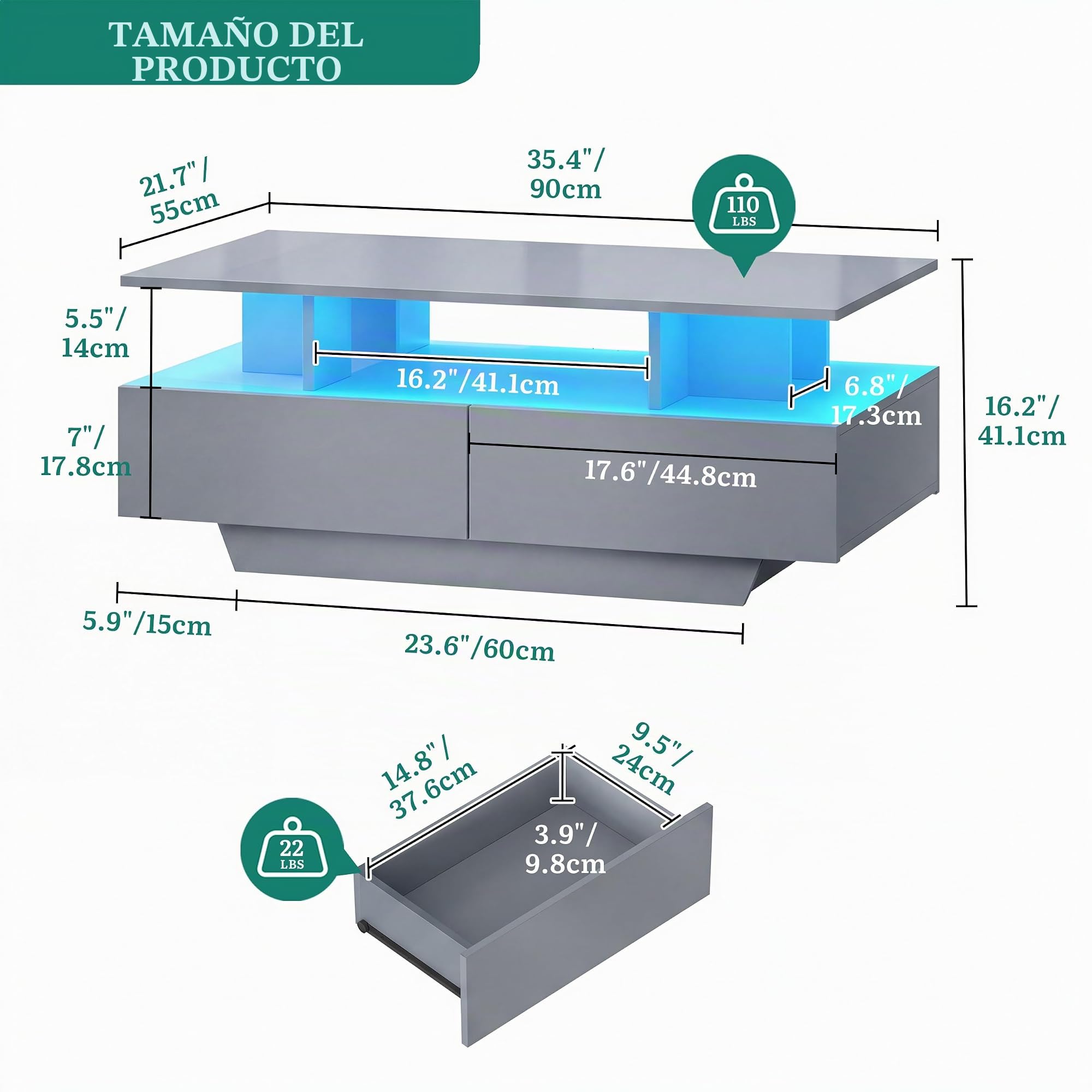 YITAHOME Mesa de Centro Gris, Mesa de Sala de Estar de Alto Brillo con iluminación LED de 16 Colores, Moderna, Mesa Auxiliar con Estante de exhibición Abierto y 4 cajones extraíbles 90x55x41,1 cm