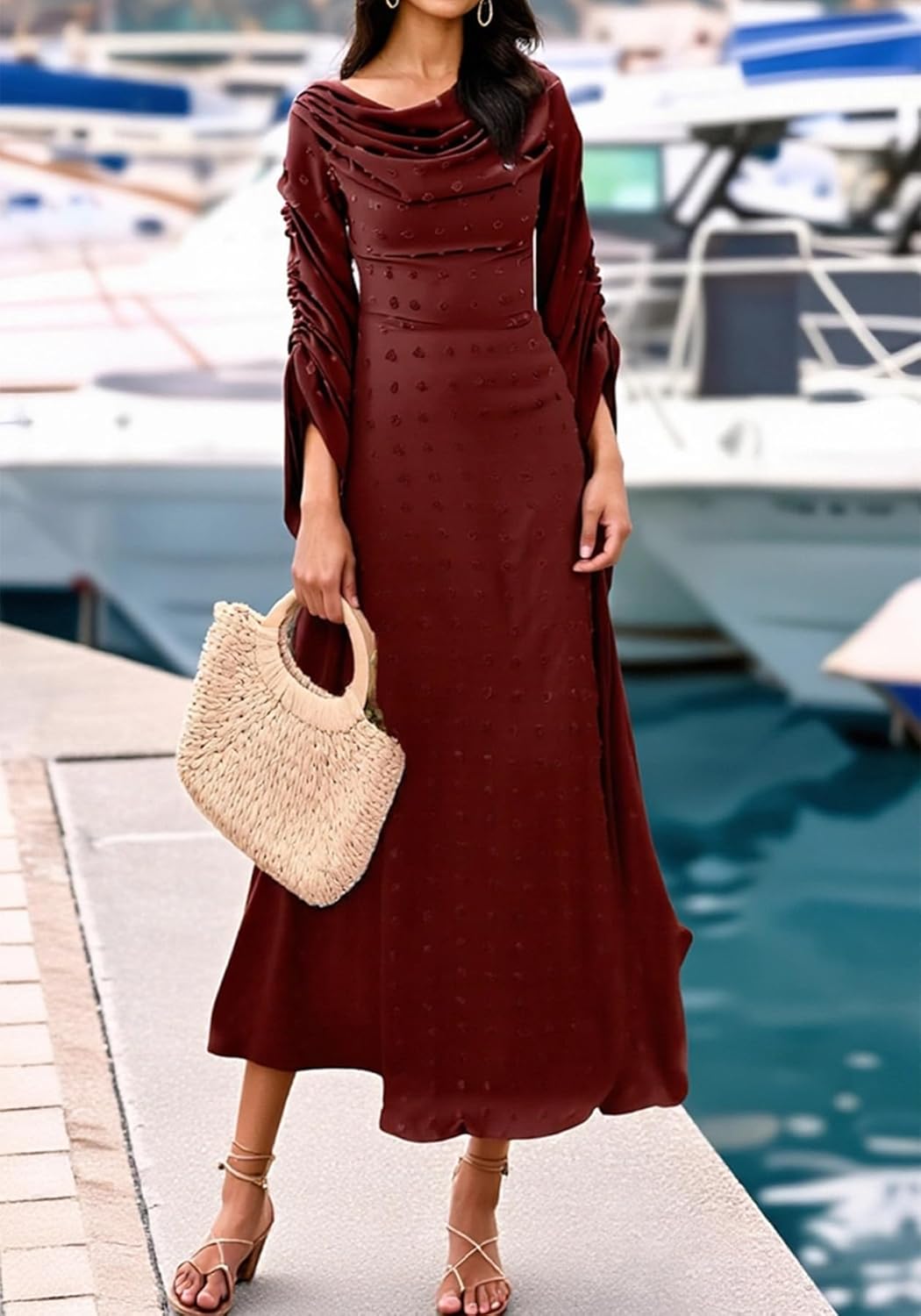 Geulis Women Elengant Wedding Guest Dresses Long Sleeve Cowl Neck a Line Flowy Cocktail Maxi Dress Vacation - Image 6