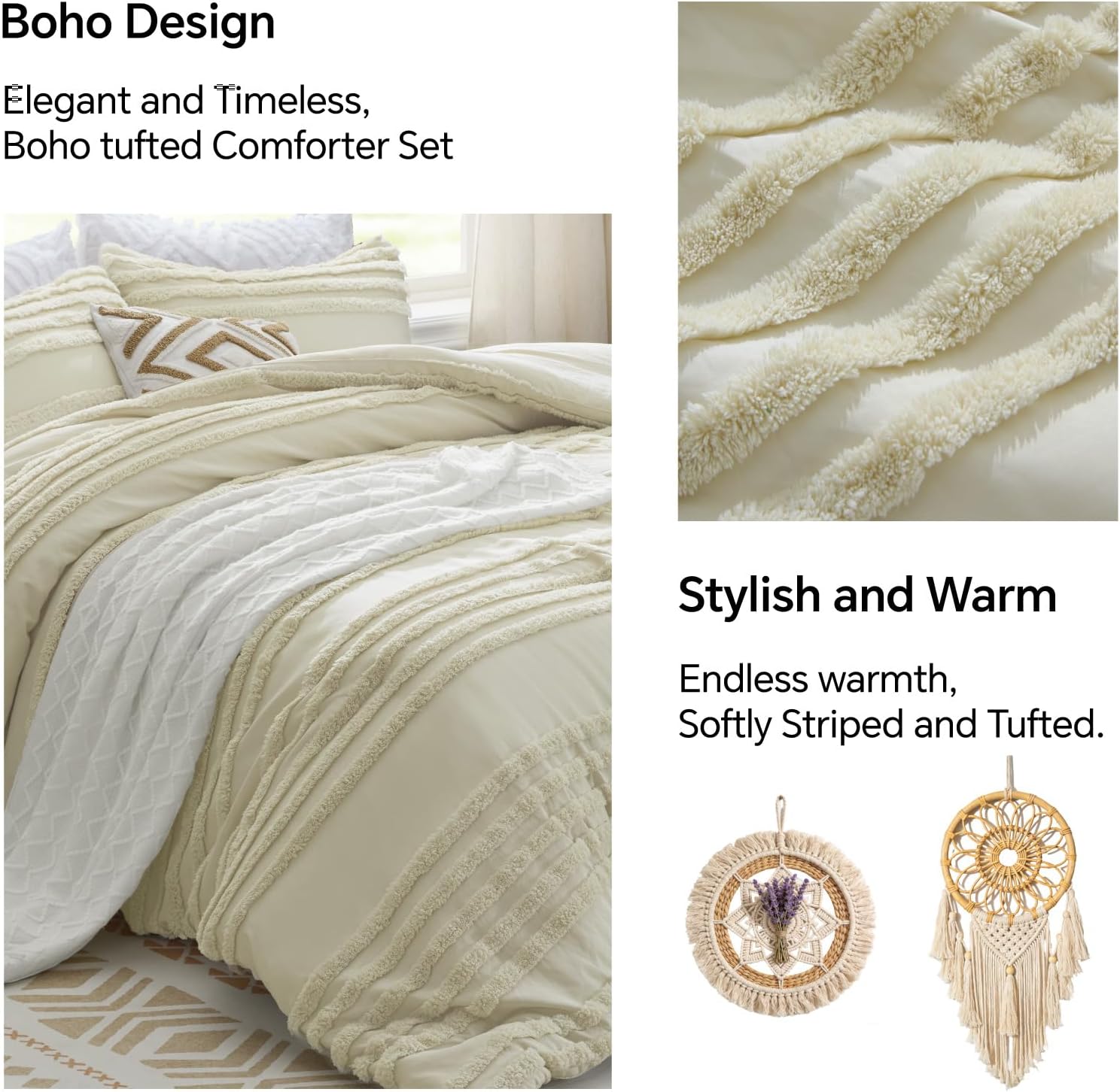 BEDELITE Boho Comforter Set Queen Size, Beige Tufted Striped Bed Set 3 Pieces, Soft Cream Vintage Farmhouse Comforter for All Seasons, Boho Home Decor,Fluffy Jacquard Bedding with 2 Pillow Shams - Image 2