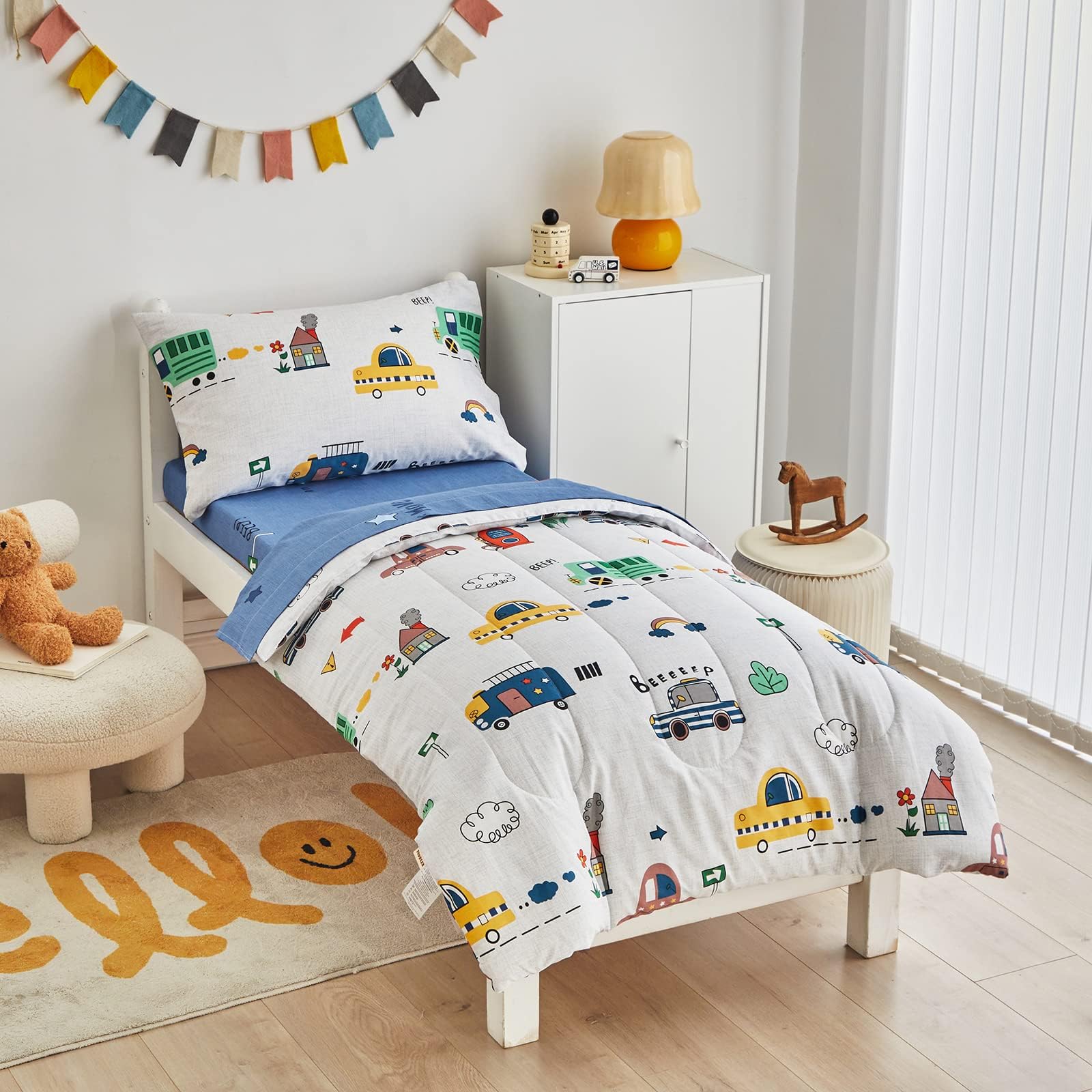 100% Cotton 4 Pieces Cars Toddler Bedding Set with Colorful Cars House Cloud Rainbow Includes Adorable Quilted White Comforter, Blue Fitted Sheet, Top Sheet, and Pillow Case for Boys Girls