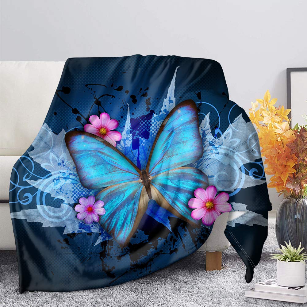 Binienty Blue Floral Butterfly Print Decorative Bed Blankets, Ultra Soft Lightweight Fleece Throw Blanket for Kids Adults Women — image 1