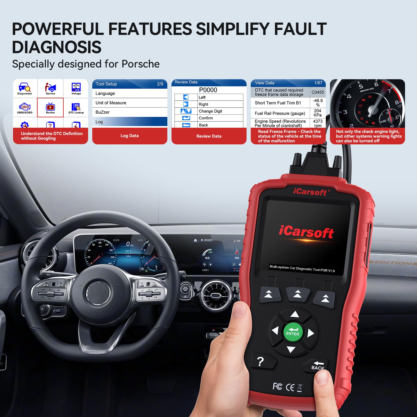 iCarsoft Escáner OBD2 para Porsche, sistema completo POR V1.0, herramienta de diagnóstico de coche, lector de código automotriz con reinicio de aceite/SAS, prueba de batería, datos gráficos en vivo