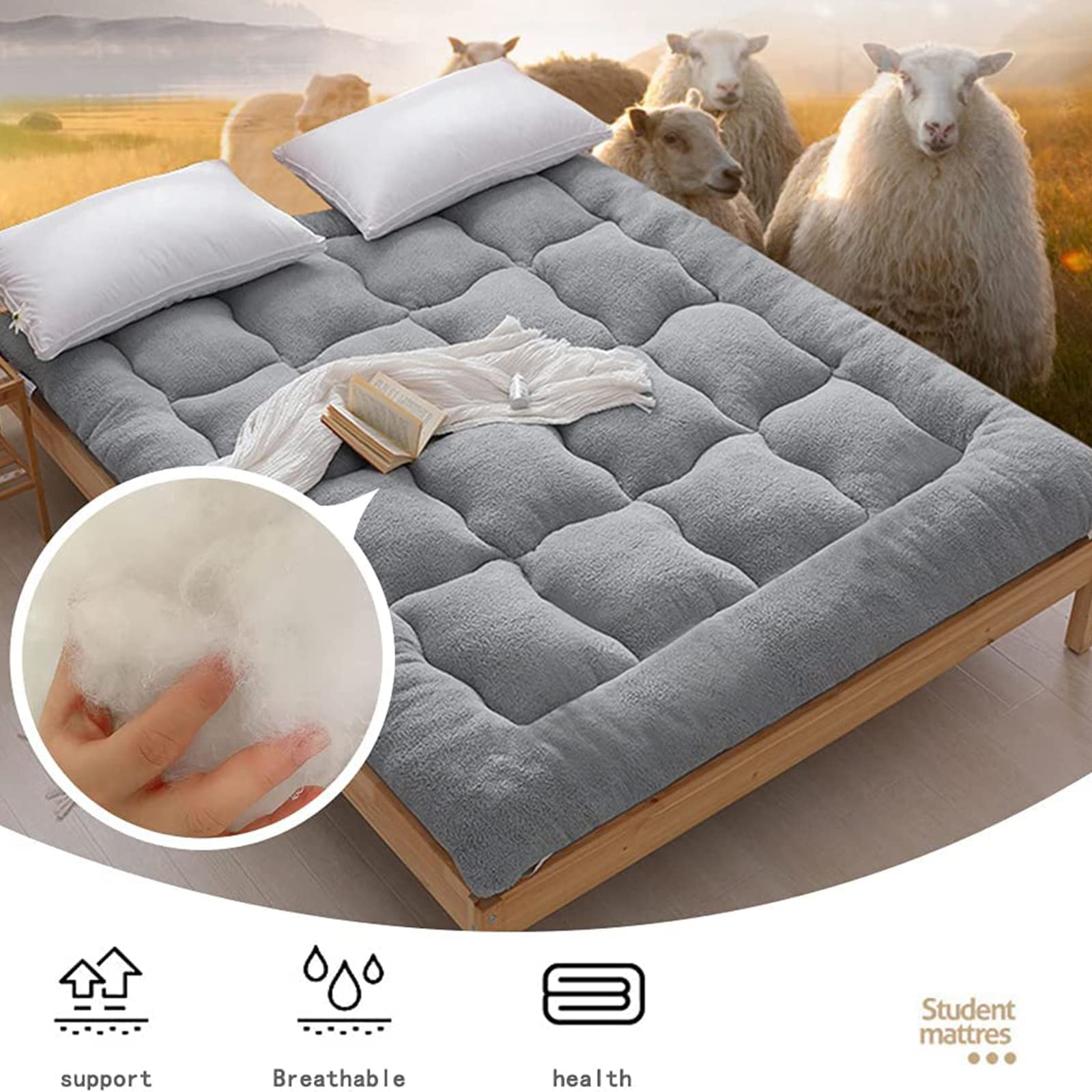 Tragbare Samt-Futon-Matratze, aufrollbar, für Schlafsaal, Gästebett, Camping, Doppelbett, Grau (180 x 200 cm)