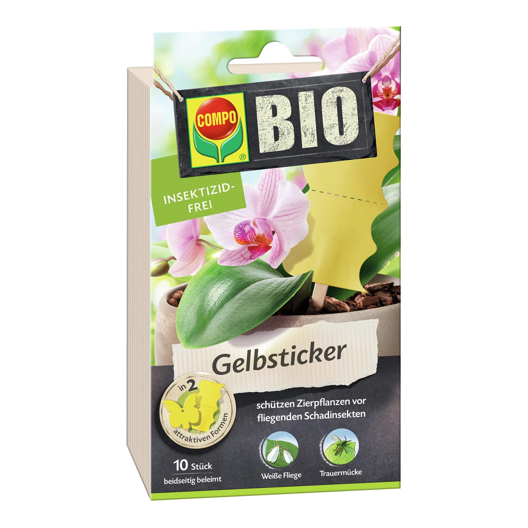 COMPO BIO Gelbsticker, Leimfalle, Ideal als Fliegenfalle, Inklusive Holzstäbe, Insektizid-frei, 10 Stück