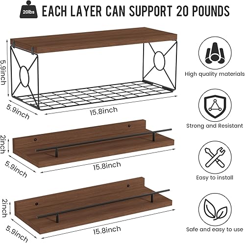 Miniatura 3 de Estantes flotantes para pared, juego de 3 estantes flotantes para decoración de pared, estantes flotantes de baño con soporte de papel higiénico de