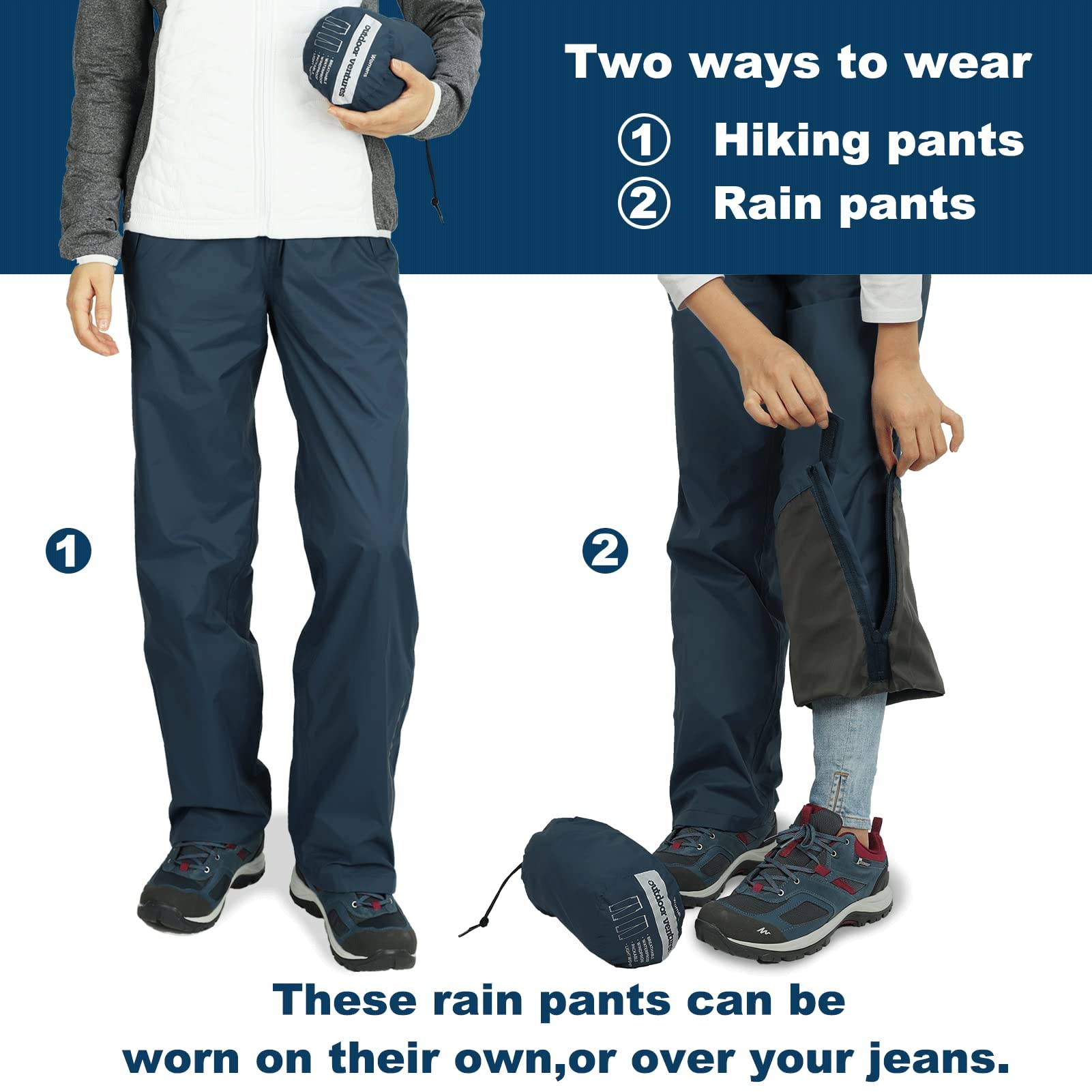 Outdoor Ventures Pantalon de pluie pour femme, imperméable, respirant, doublé, coupe-vent, pliable, pantalon softshell léger pour la randonnée et le vélo, bleu moyen, 34
