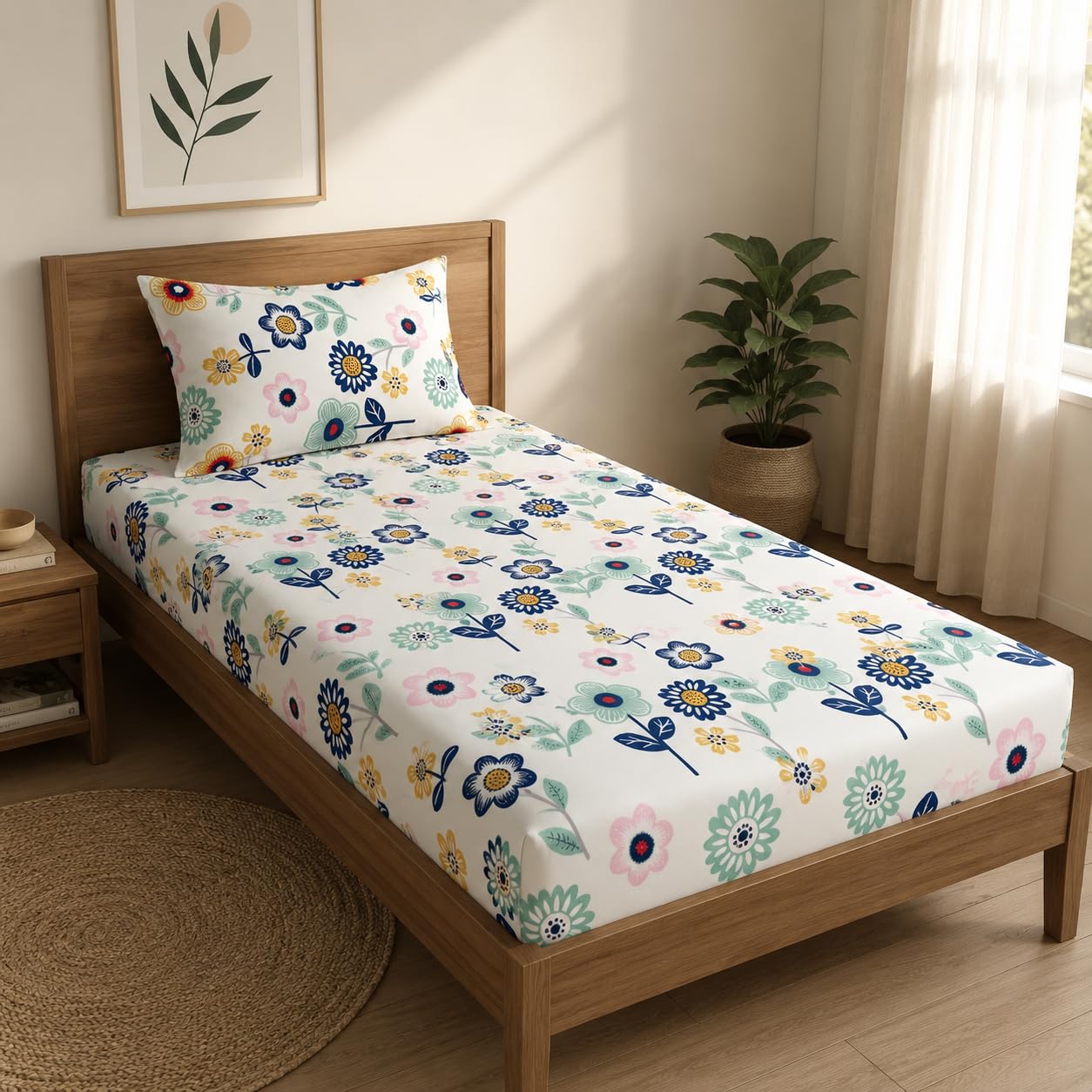 LOOMLYFE 300 TC Cotton Feel Glace Elastic Fitted Printed Single Bed Bedsheet with 1 Pillow Cover Fits Upto 6 Inches Mattress,Size- 42X75X8 Inches, BlueSunflower